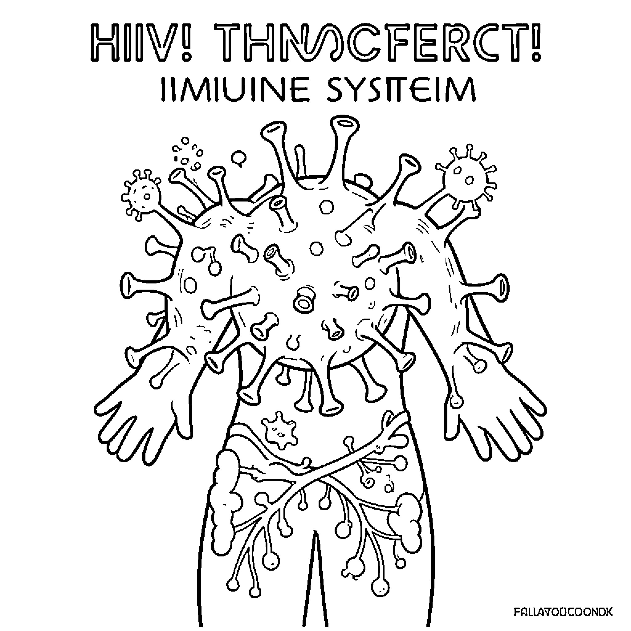HIV attacking a human immune system Coloring Page (free black-and-white line drawing printable PDF for all, from beginners to advanced learners, including children, teens, adults, and seniors)