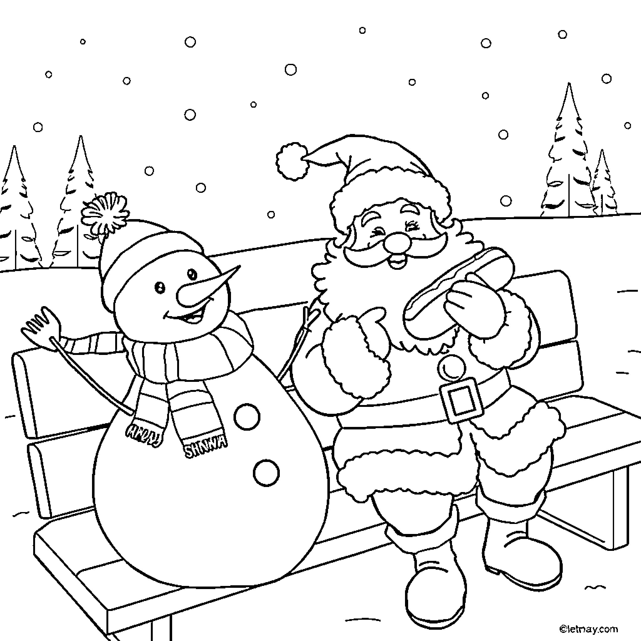 Santa Claus making a snowman in the winter wonderland Coloring Page (free black-and-white line drawing printable PDF for all, from beginners to advanced learners, including children, teens, adults, and seniors)