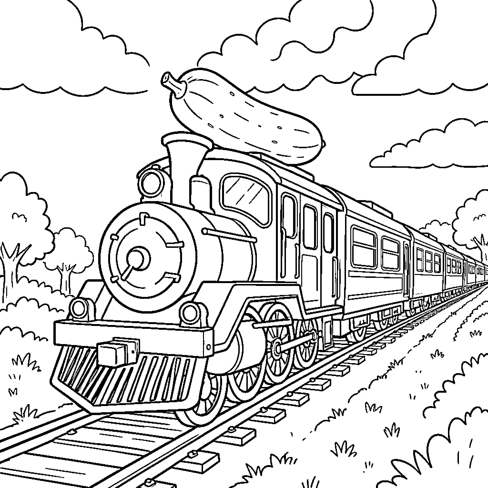 Train Traveling Through Scenic Landscape Coloring Page (free black-and-white line drawing printable PDF for all, from beginners to advanced learners, including children, teens, adults, and seniors)