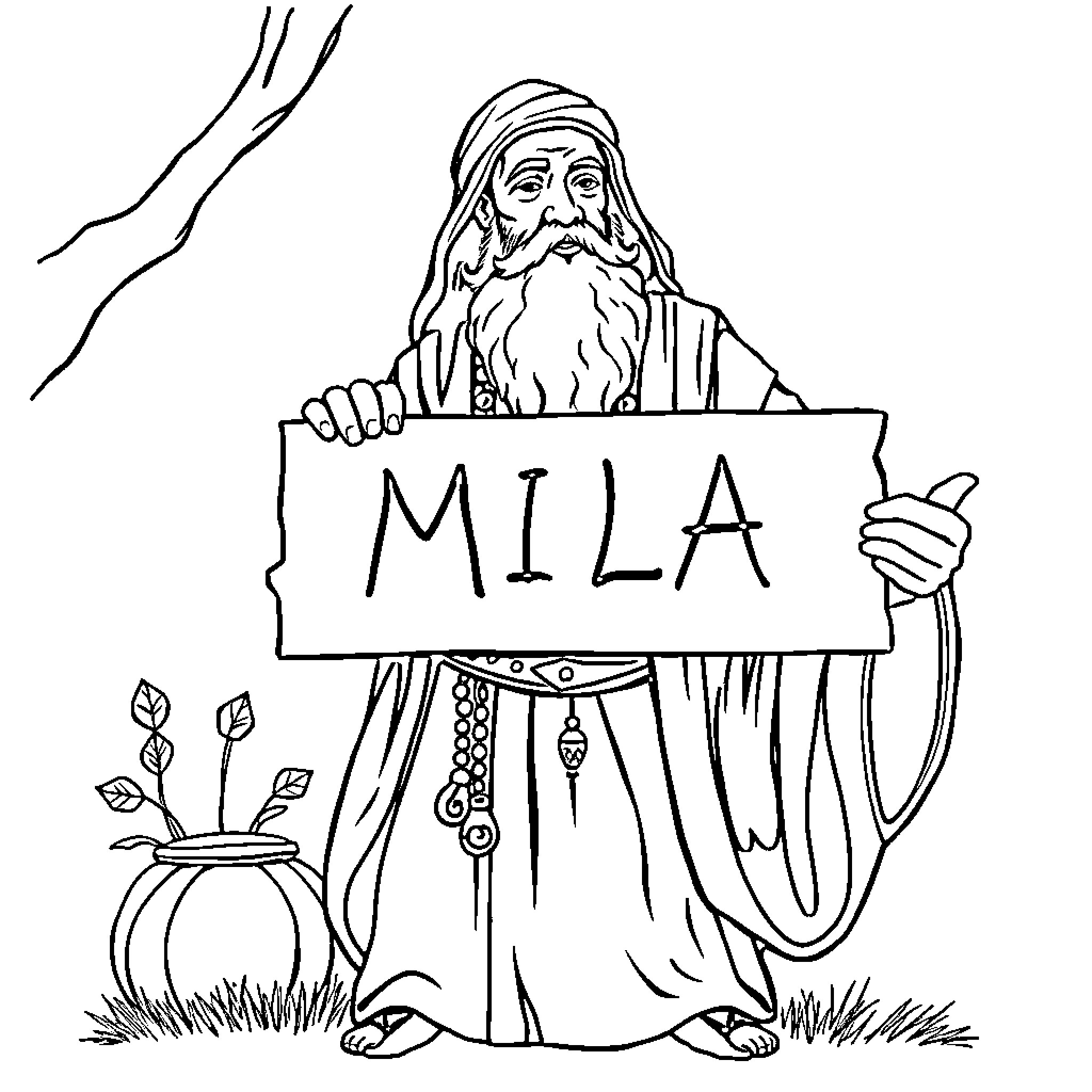 Rumi holding a 'MILA' sign in contemplation Coloring Page (free black-and-white line drawing printable PDF for all, from beginners to advanced learners, including children, teens, adults, and seniors)