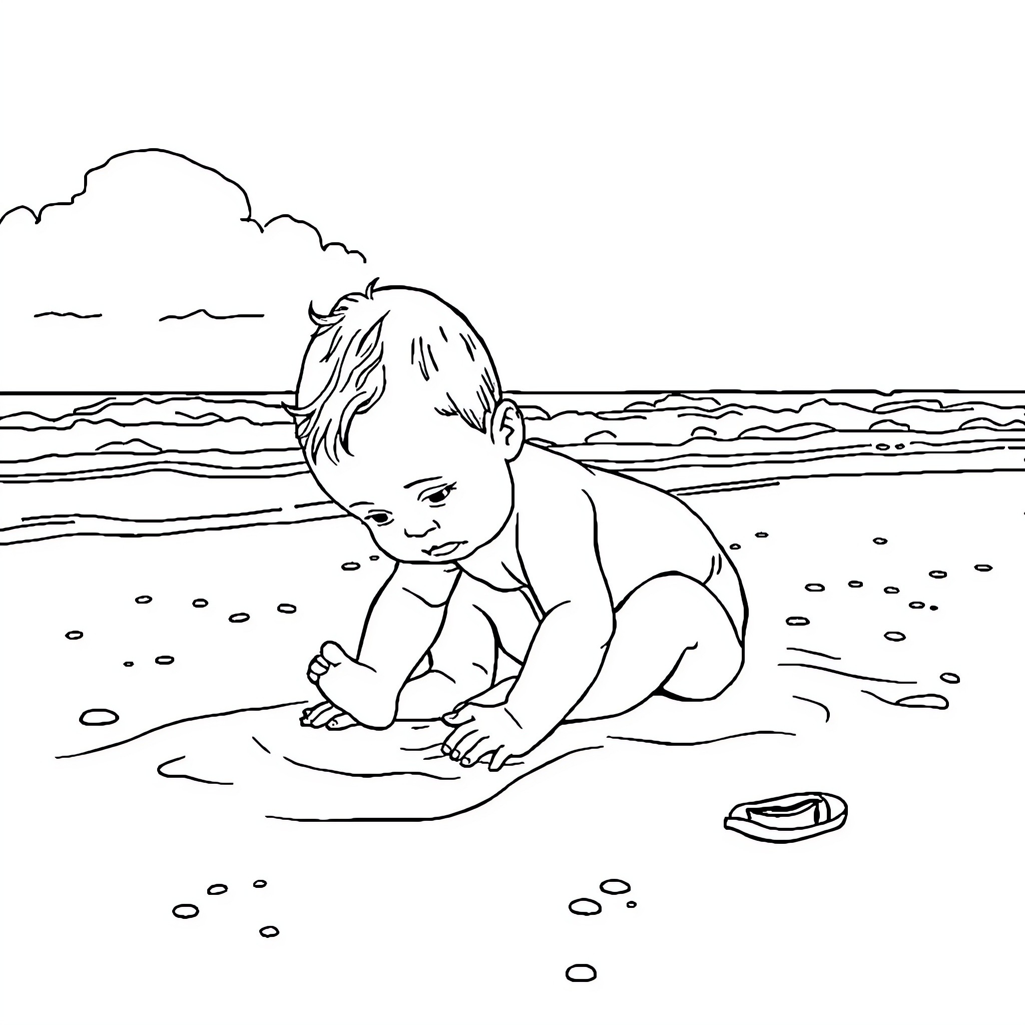 Baby playing happily on the beach Coloring Page (free black-and-white line drawing printable PDF for all, from beginners to advanced learners, including children, teens, adults, and seniors)