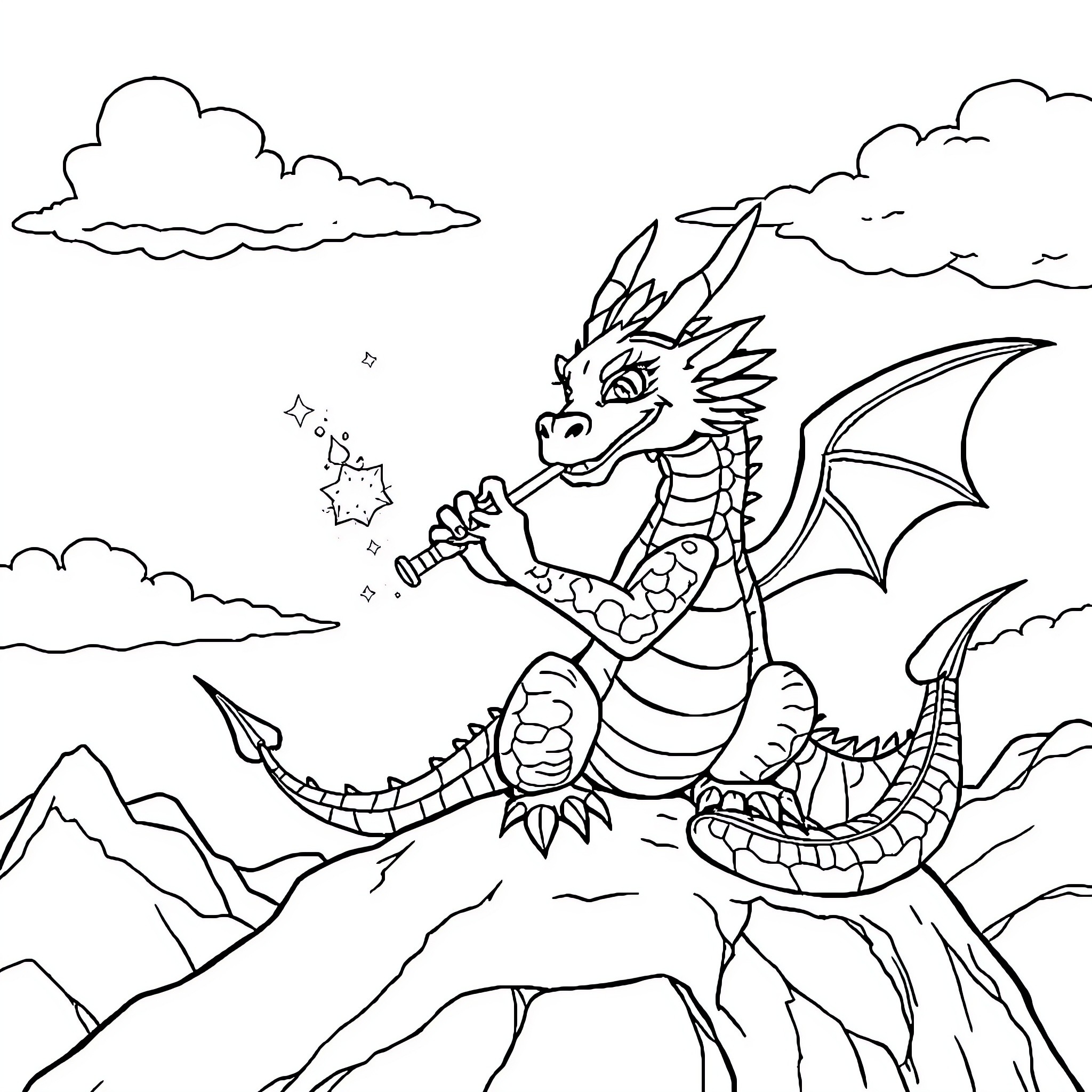 Dragon Breathing Fire in Fantastical Landscape Coloring Page (free black-and-white line drawing printable PDF for all, from beginners to advanced learners, including children, teens, adults, and seniors)