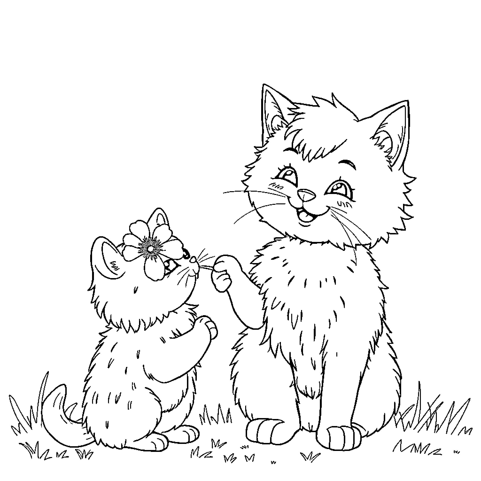 Cats playing with flower in the grass Coloring Page (free black-and-white line drawing printable PDF for all, from beginners to advanced learners, including children, teens, adults, and seniors)