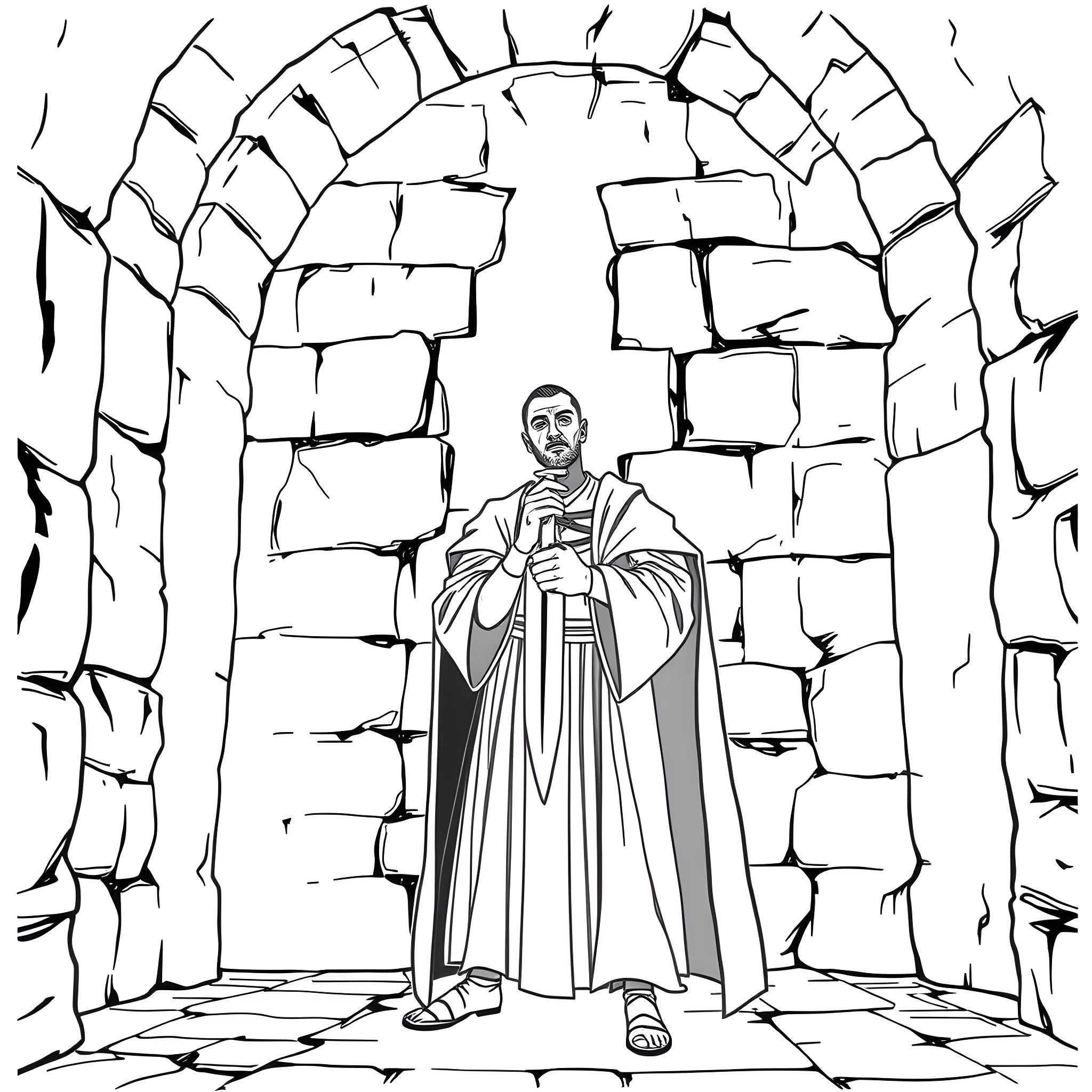Macbeth in the castle dungeon Coloring Page (free black-and-white line drawing printable PDF for all, from beginners to advanced learners, including children, teens, adults, and seniors)