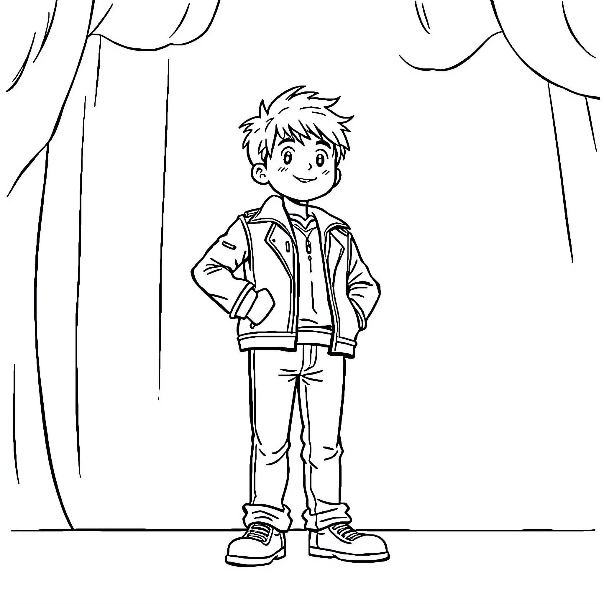 Lee Know standing confidently on stage Coloring Page (free black-and-white line drawing printable PDF for all, from beginners to advanced learners, including children, teens, adults, and seniors)