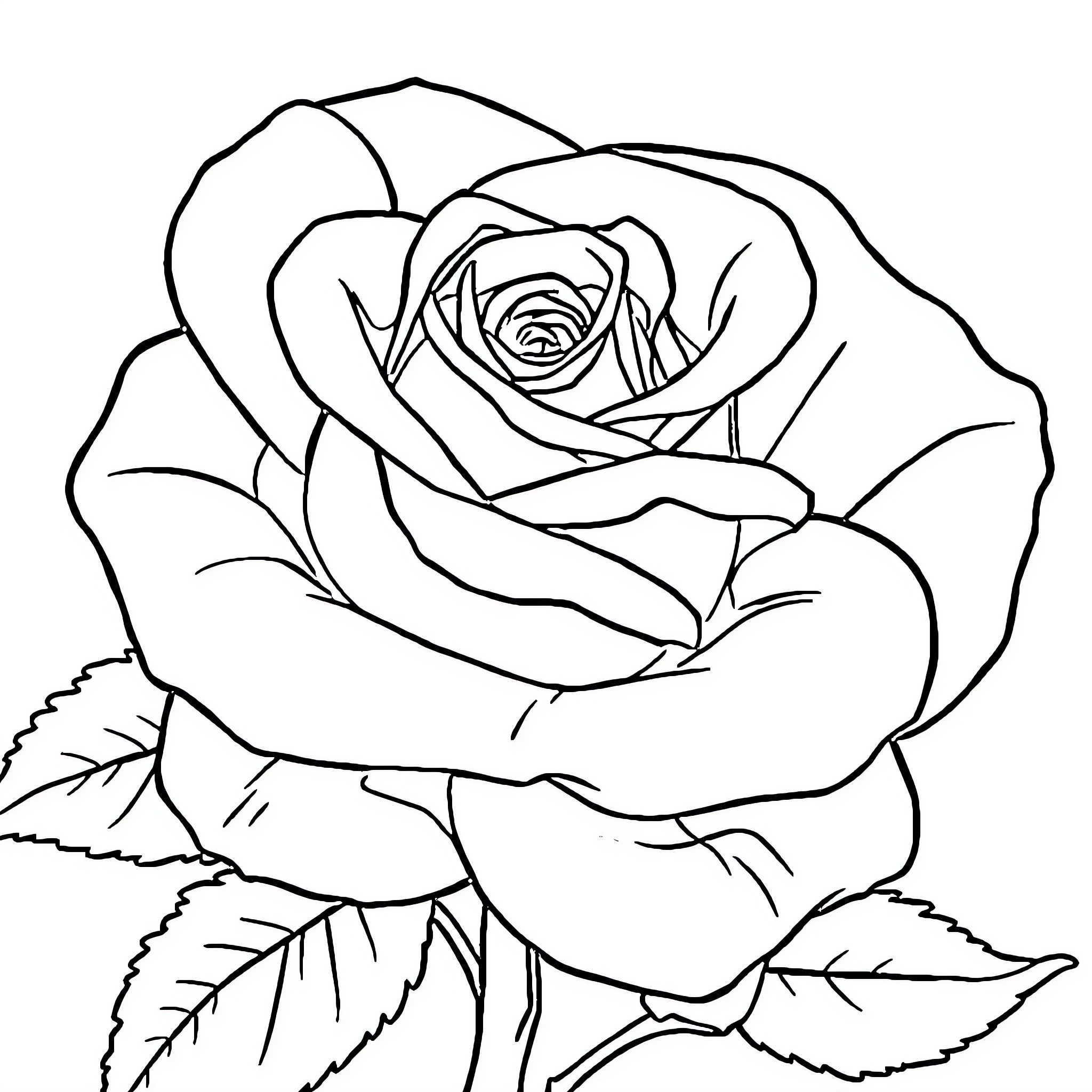 Rose in bloom with delicate petals Coloring Page (free black-and-white line drawing printable PDF for all, from beginners to advanced learners, including children, teens, adults, and seniors)