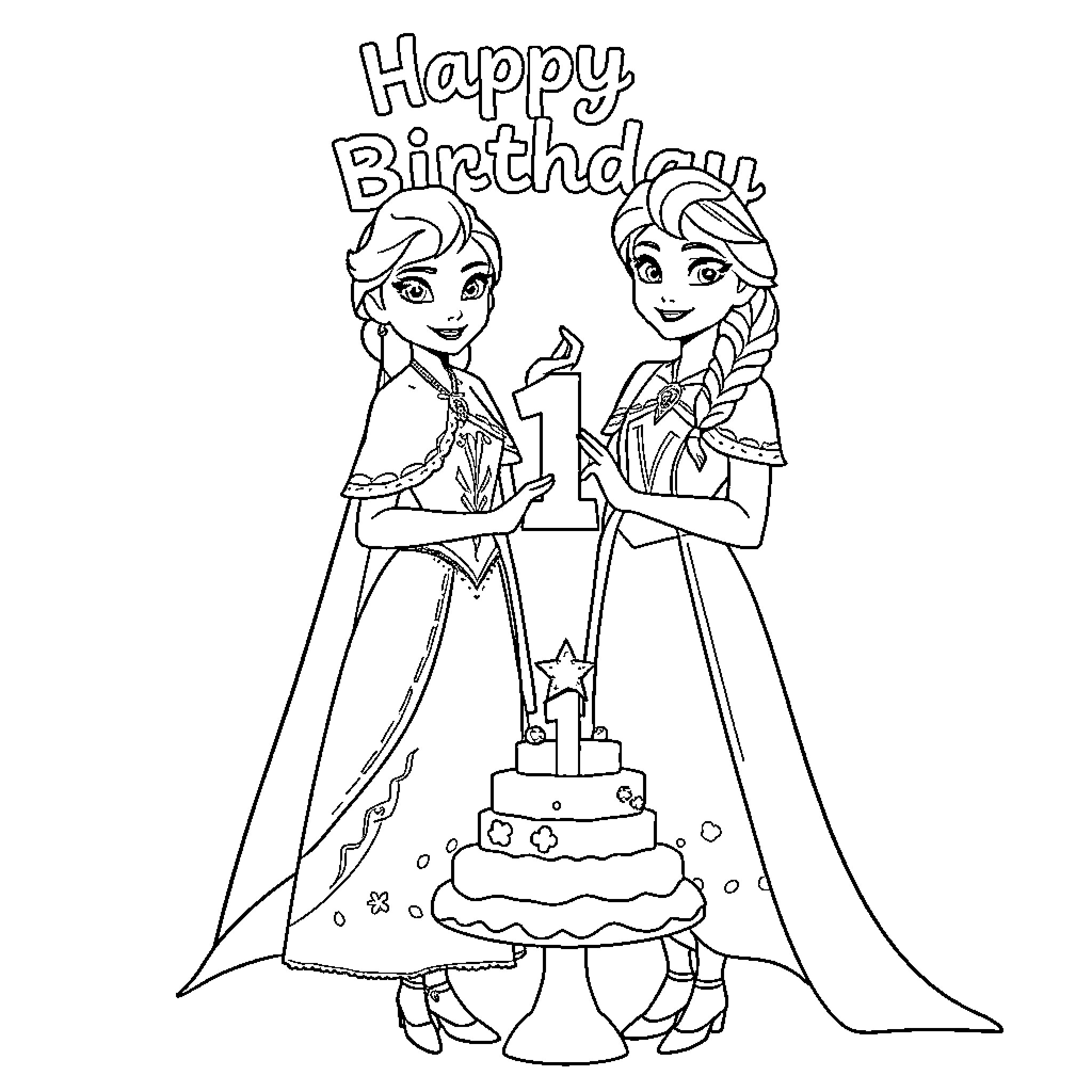 Elsa and Anna Celebrate a Birthday Together Coloring Page (free black-and-white line drawing printable PDF for all, from beginners to advanced learners, including children, teens, adults, and seniors)