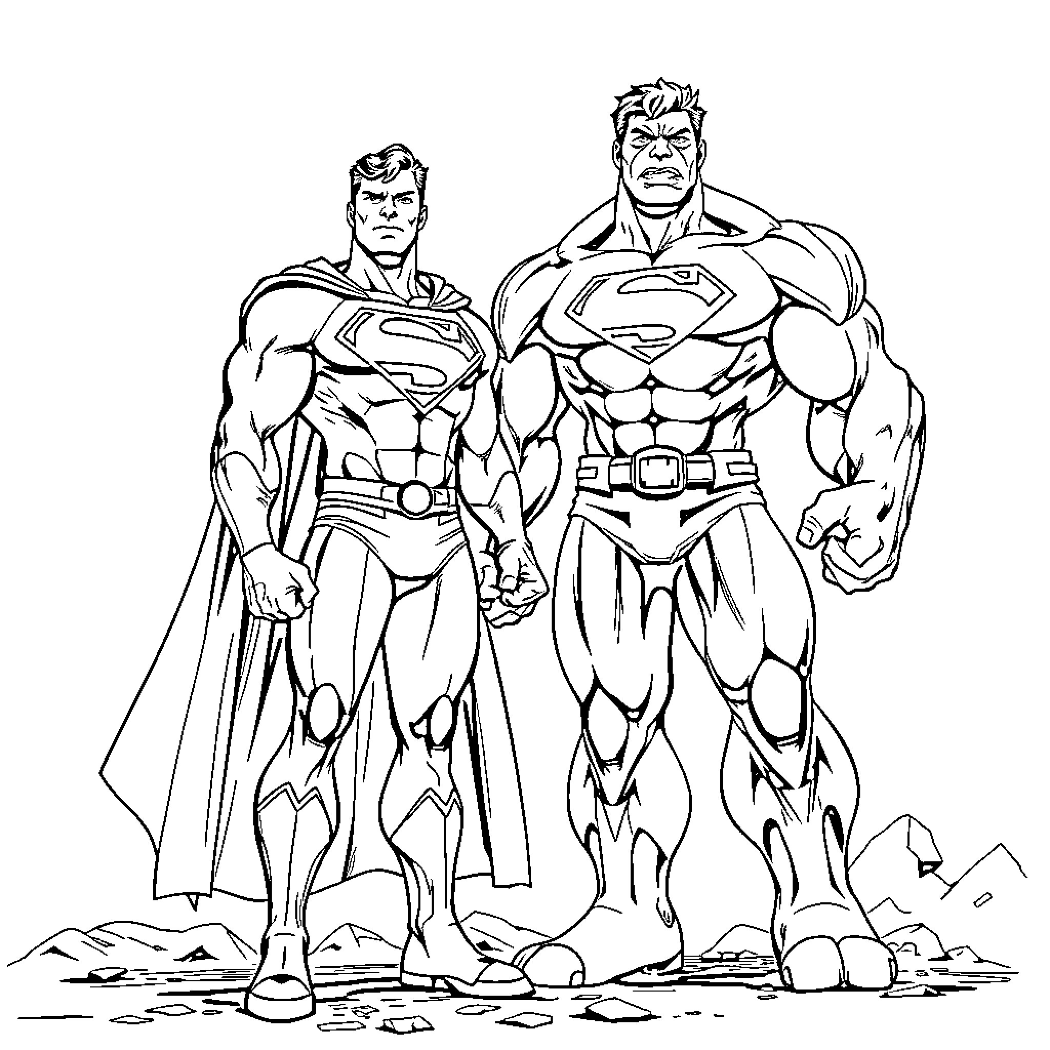 Superman heroic duo standing tall Coloring Page (free black-and-white line drawing printable PDF for all, from beginners to advanced learners, including children, teens, adults, and seniors)