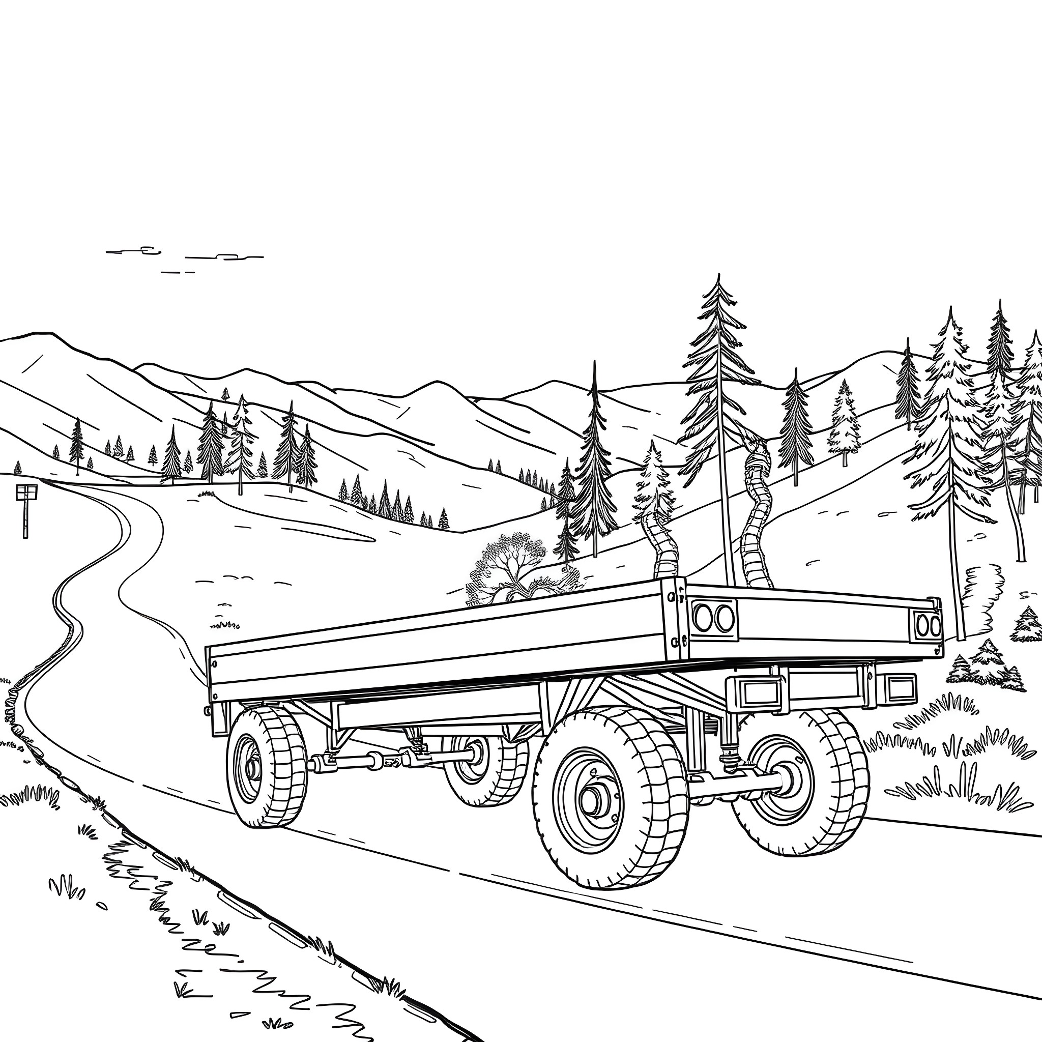 Car Trailer Transporting Goods Through Mountain Landscape Coloring Page (free black-and-white line drawing printable PDF for all, from beginners to advanced learners, including children, teens, adults, and seniors)