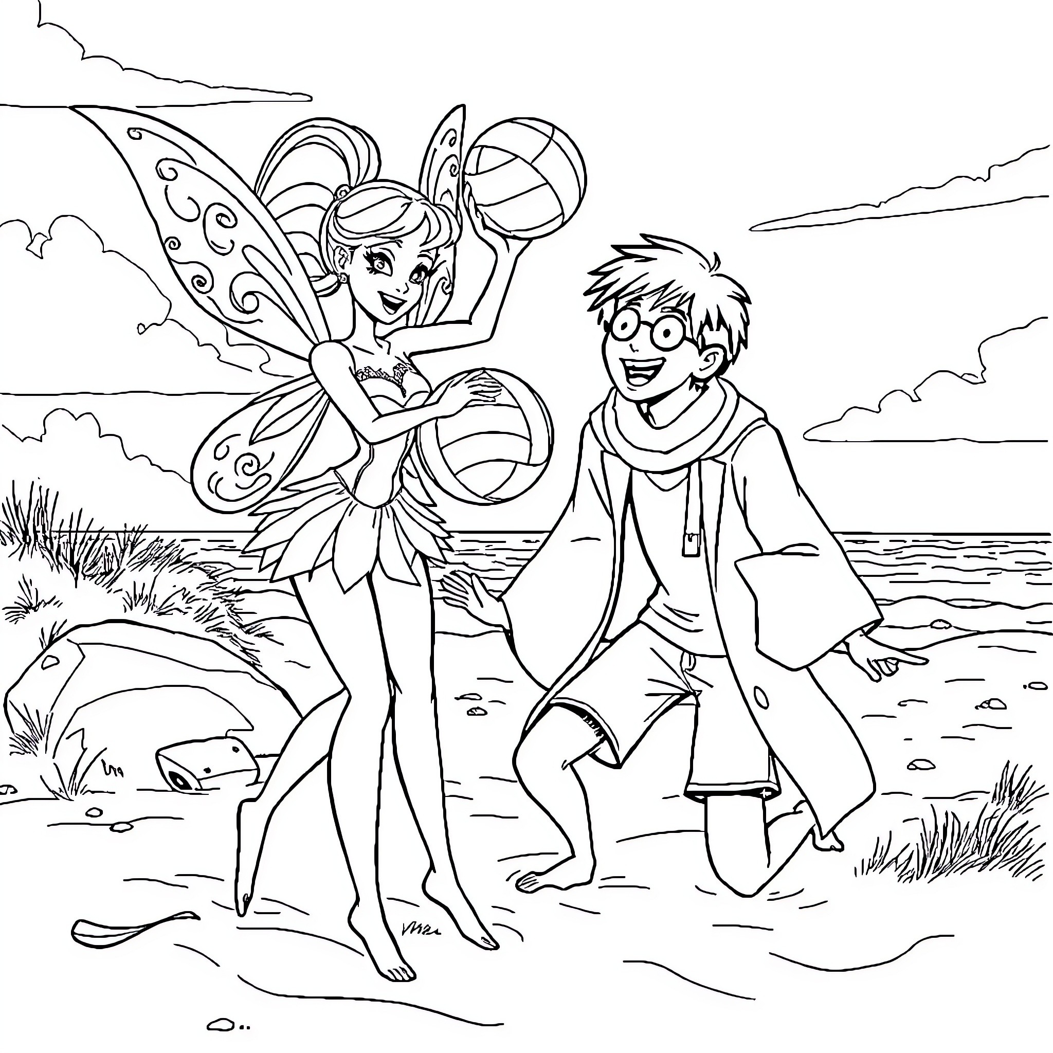 Bloom of fantasy adventure with fairy and friend Coloring Page (free black-and-white line drawing printable PDF for all, from beginners to advanced learners, including children, teens, adults, and seniors)