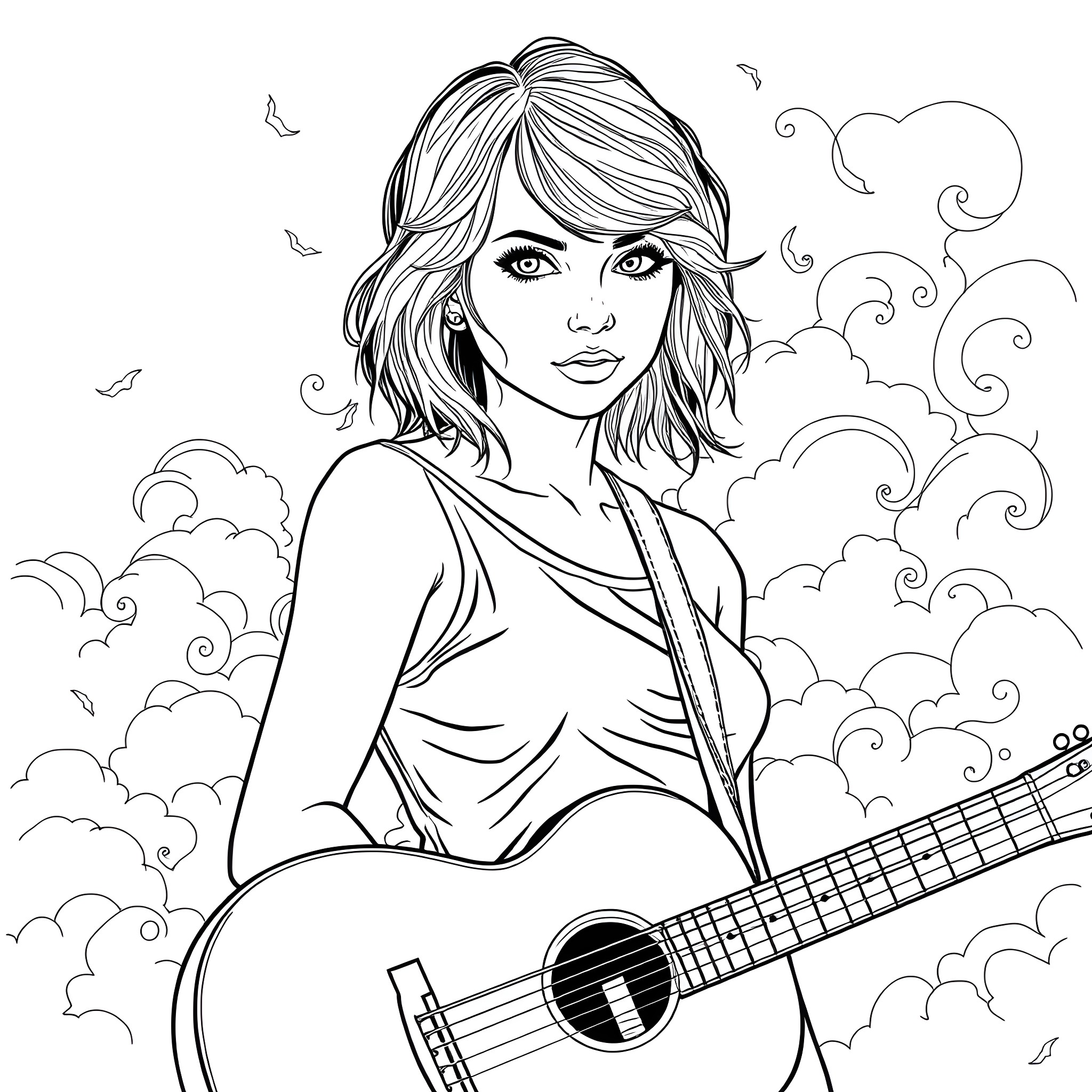Taylor Swift playing guitar in the clouds Coloring Page (free black-and-white line drawing printable PDF for all, from beginners to advanced learners, including children, teens, adults, and seniors)