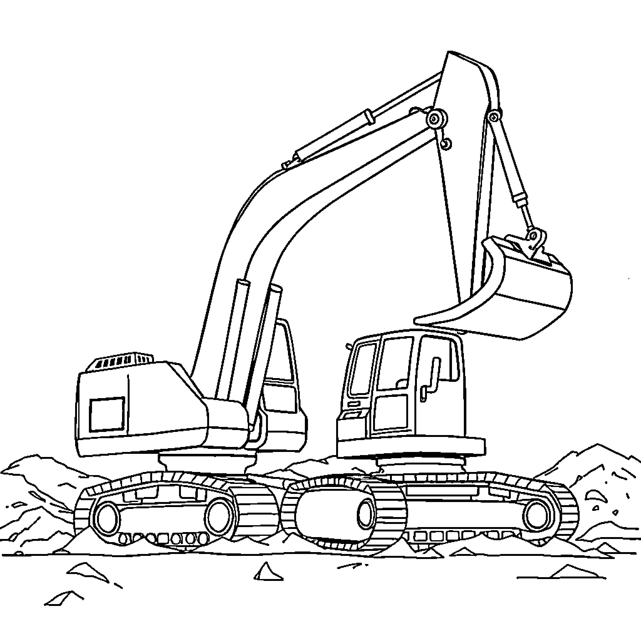 Excavator working on construction site Coloring Page (free black-and-white line drawing printable PDF for all, from beginners to advanced learners, including children, teens, adults, and seniors)