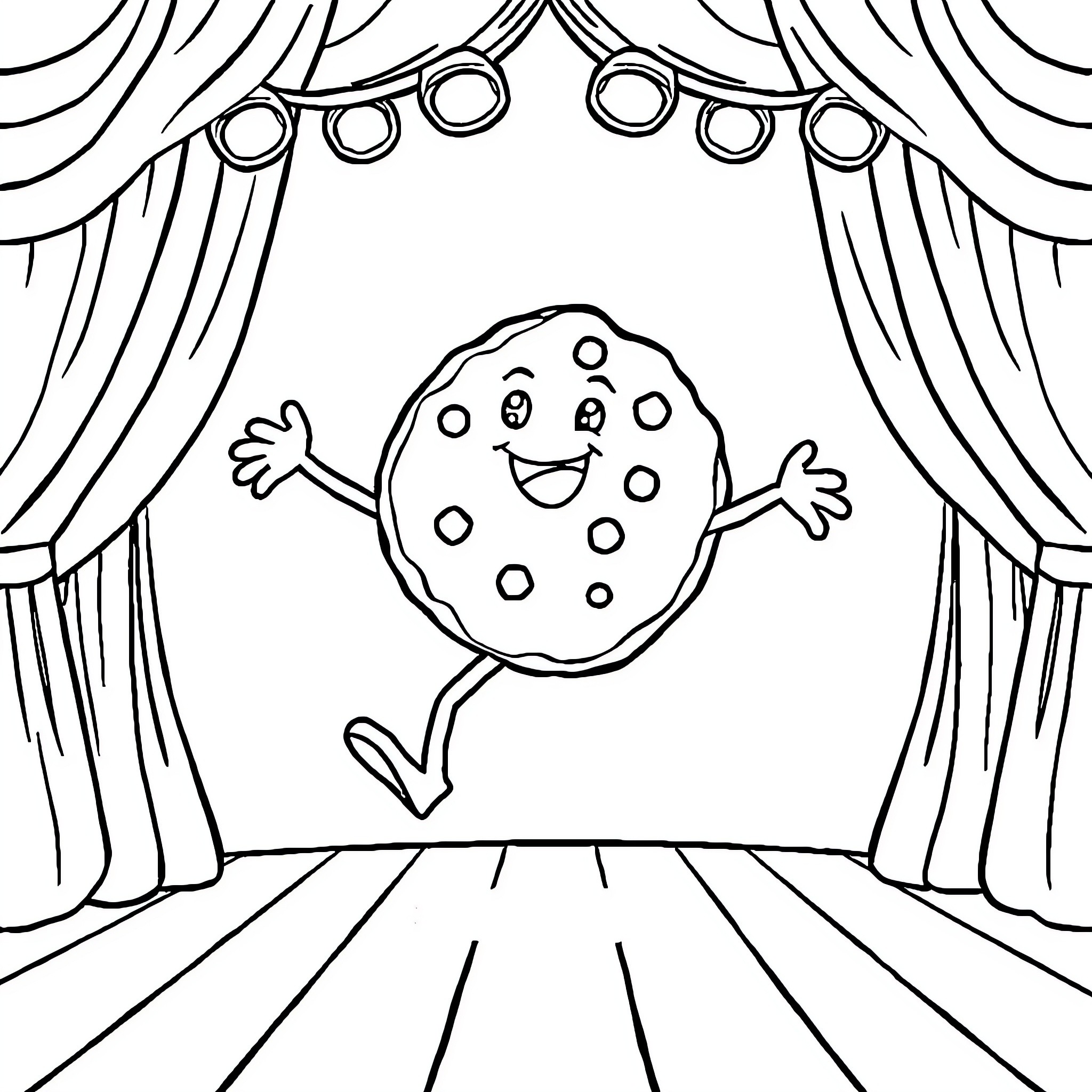 Cookie Performing on Stage Coloring Page (free black-and-white line drawing printable PDF for all, from beginners to advanced learners, including children, teens, adults, and seniors)