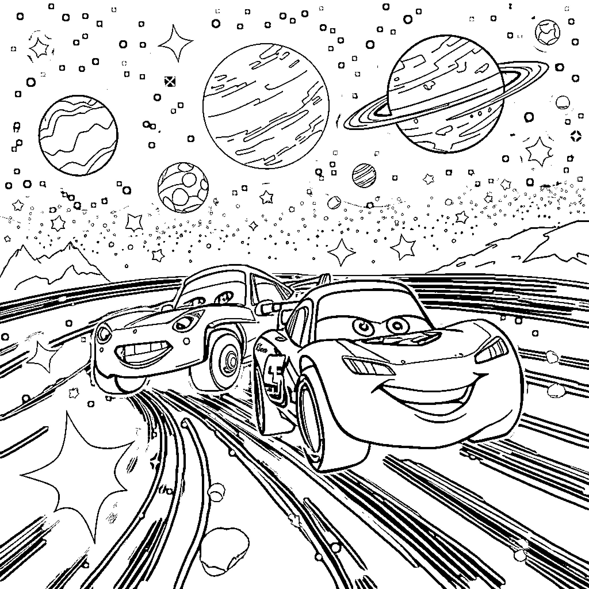 Lightning McQueen racing through cosmic landscape Coloring Page (free black-and-white line drawing printable PDF for all, from beginners to advanced learners, including children, teens, adults, and seniors)