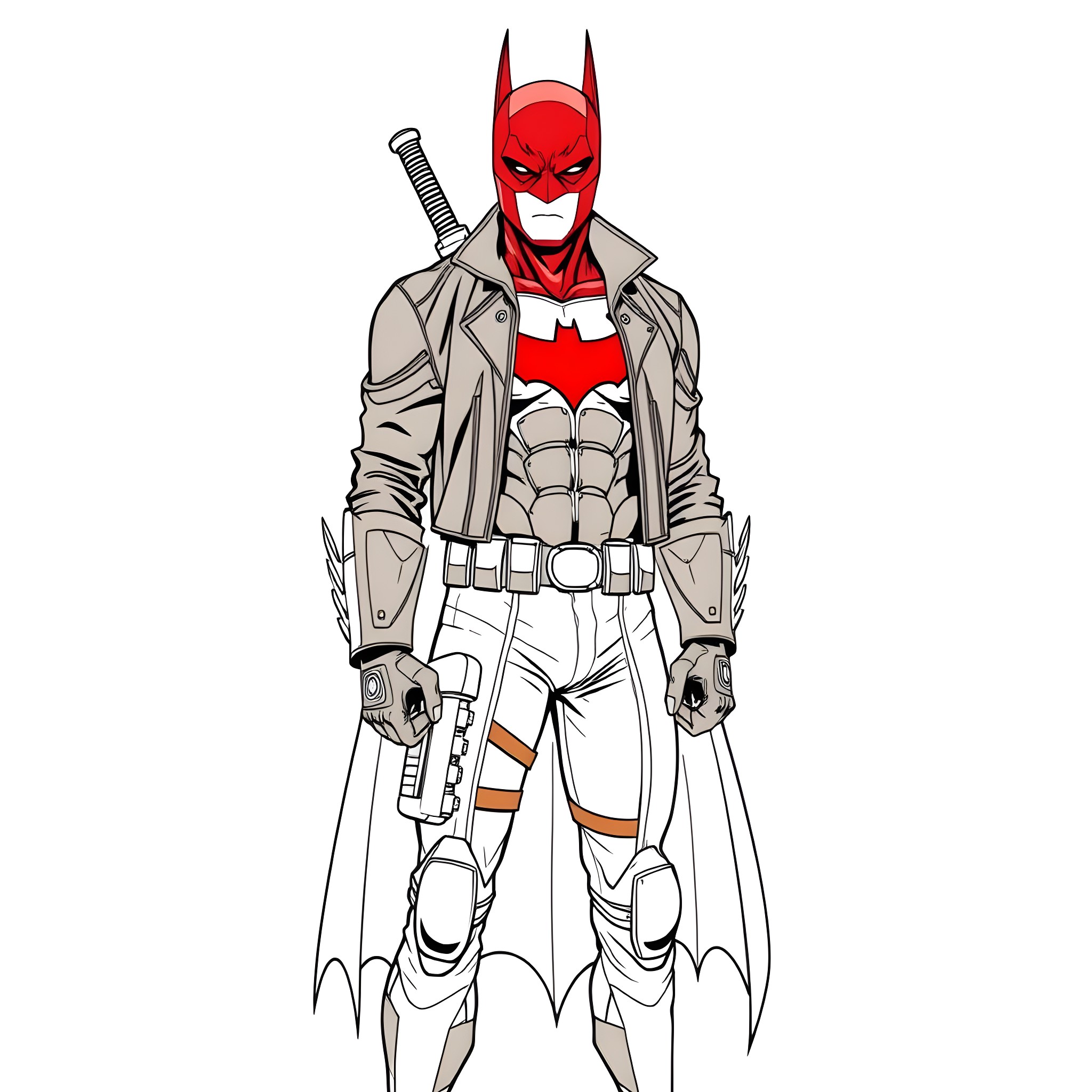 Red Hood in Action Pose with Weapons Coloring Page (free black-and-white line drawing printable PDF for all, from beginners to advanced learners, including children, teens, adults, and seniors)