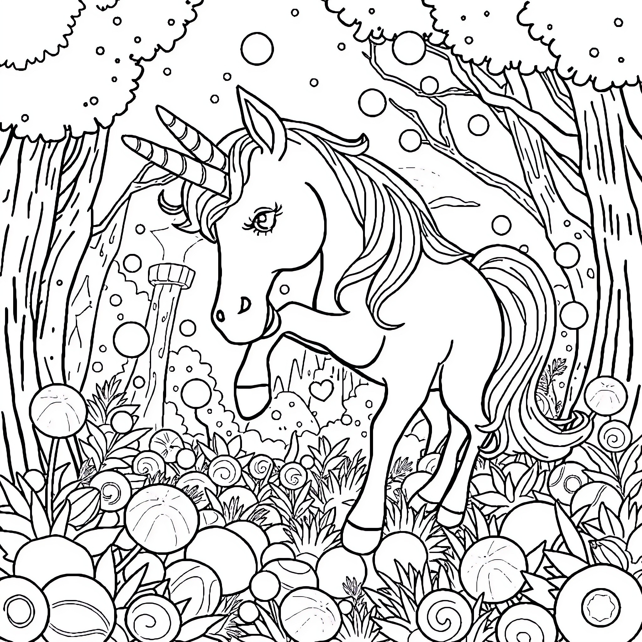 Unicorn frolicking in enchanted forest Coloring Page (free black-and-white line drawing printable PDF for all, from beginners to advanced learners, including children, teens, adults, and seniors)