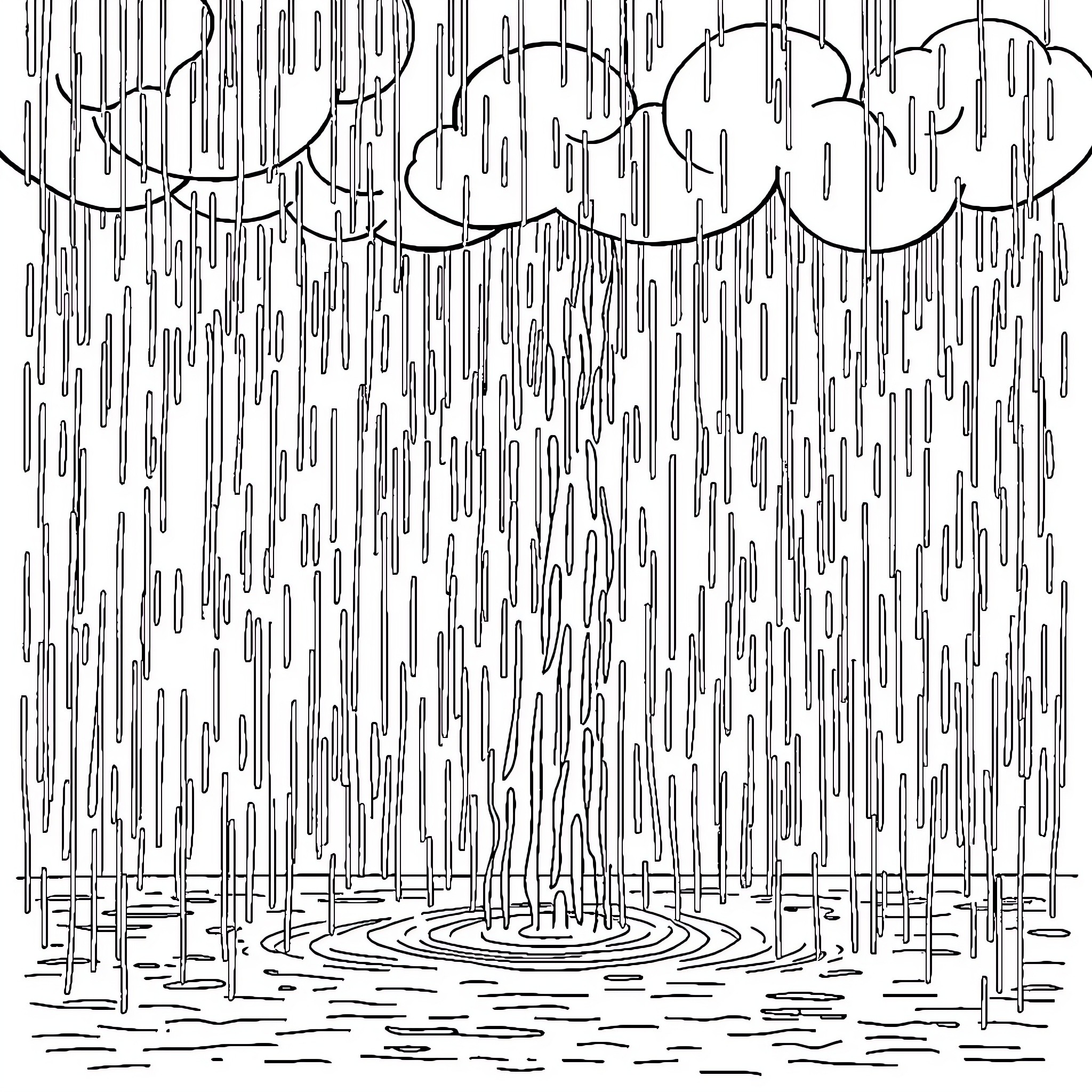 Cat Amid Rainy Weather in Nature Coloring Page (free black-and-white line drawing printable PDF for all, from beginners to advanced learners, including children, teens, adults, and seniors)