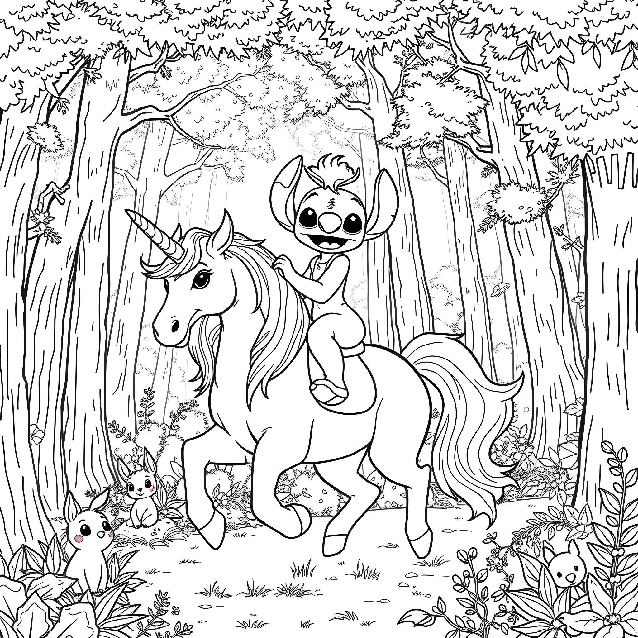 Stitch riding a unicorn through the enchanted forest Coloring Page (free black-and-white line drawing printable PDF for all, from beginners to advanced learners, including children, teens, adults, and seniors)