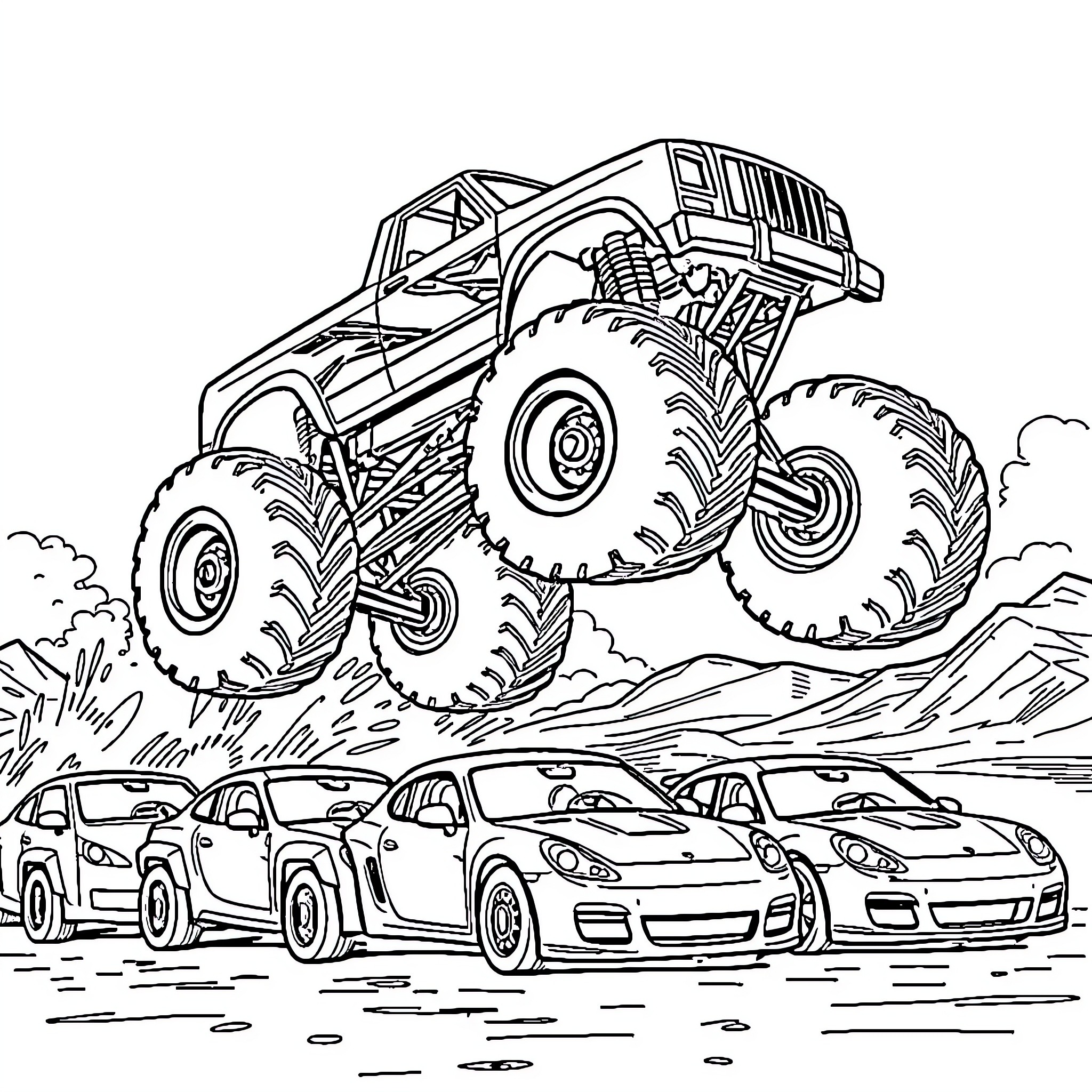 Monster Truck crushing smaller cars on the road Coloring Page (free black-and-white line drawing printable PDF for all, from beginners to advanced learners, including children, teens, adults, and seniors)