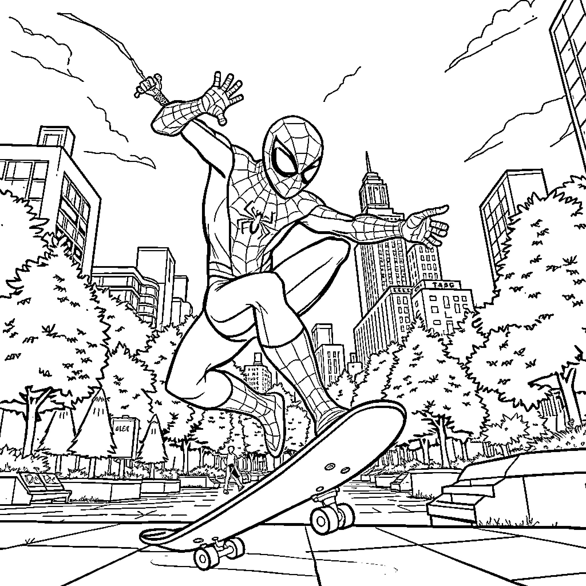 Spiderman swinging through the city skyline Coloring Page (free black-and-white line drawing printable PDF for all, from beginners to advanced learners, including children, teens, adults, and seniors)