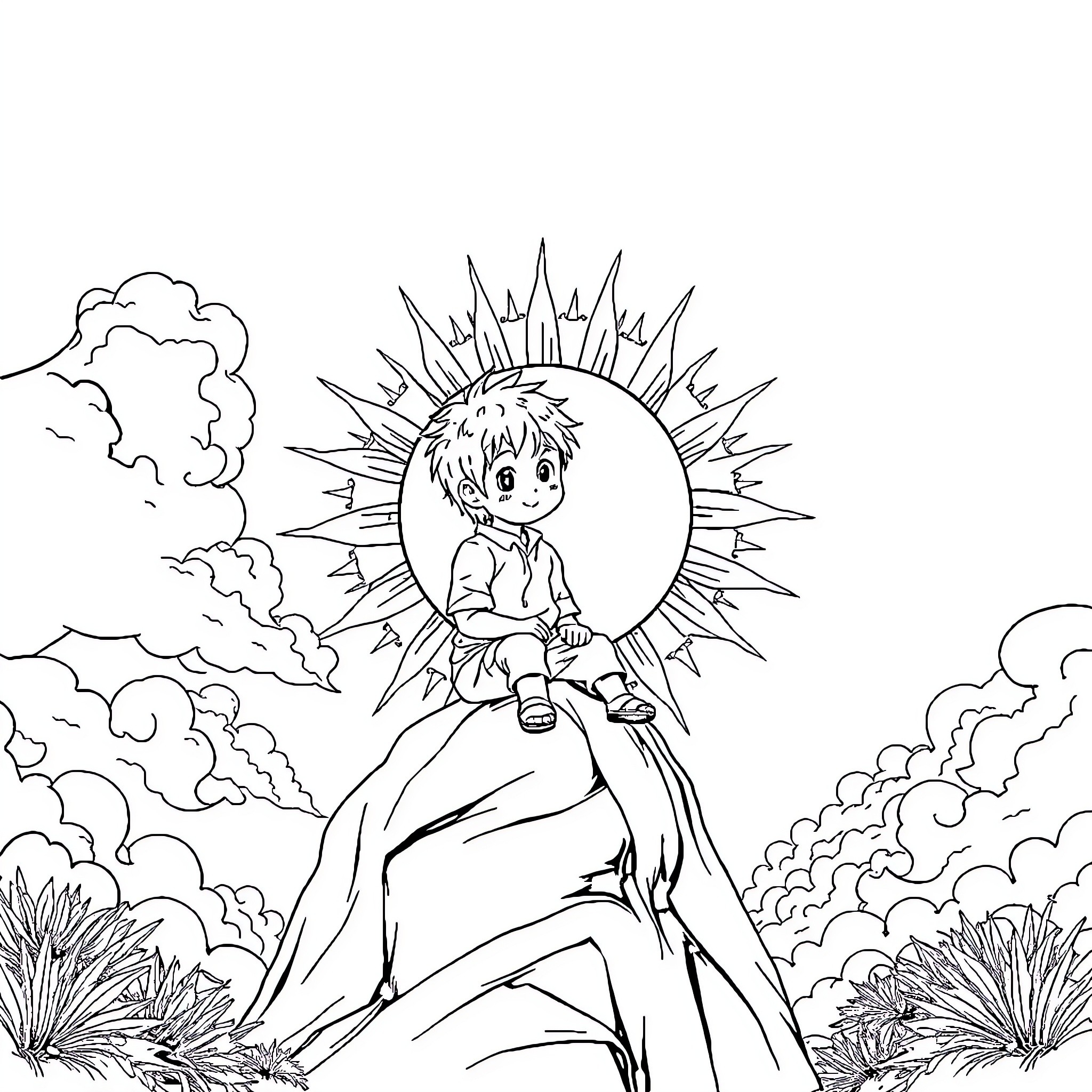 Niño playing in the sun with clouds Coloring Page (free black-and-white line drawing printable PDF for all, from beginners to advanced learners, including children, teens, adults, and seniors)