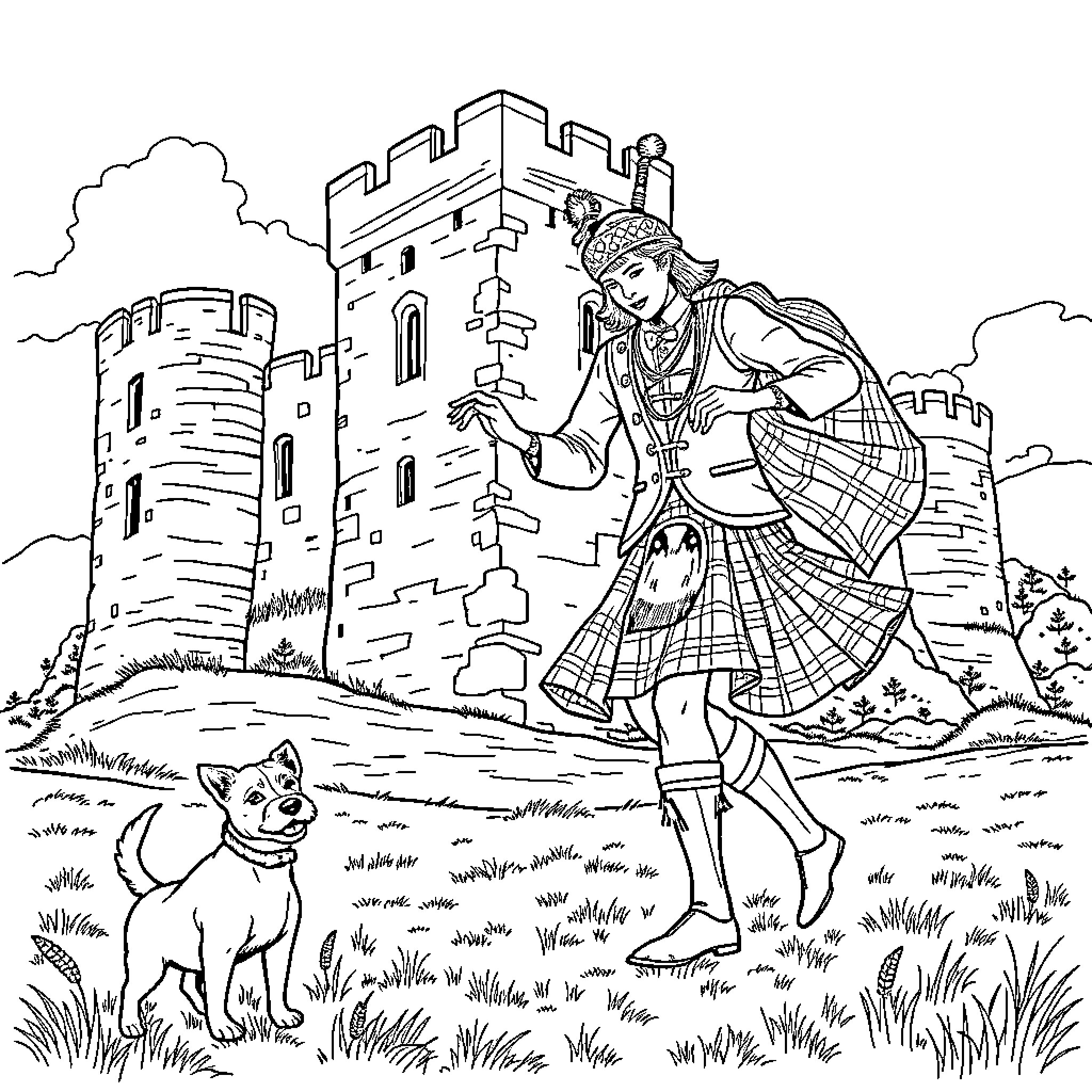 Dancer performing gracefully in medieval castle setting Coloring Page (free black-and-white line drawing printable PDF for all, from beginners to advanced learners, including children, teens, adults, and seniors)