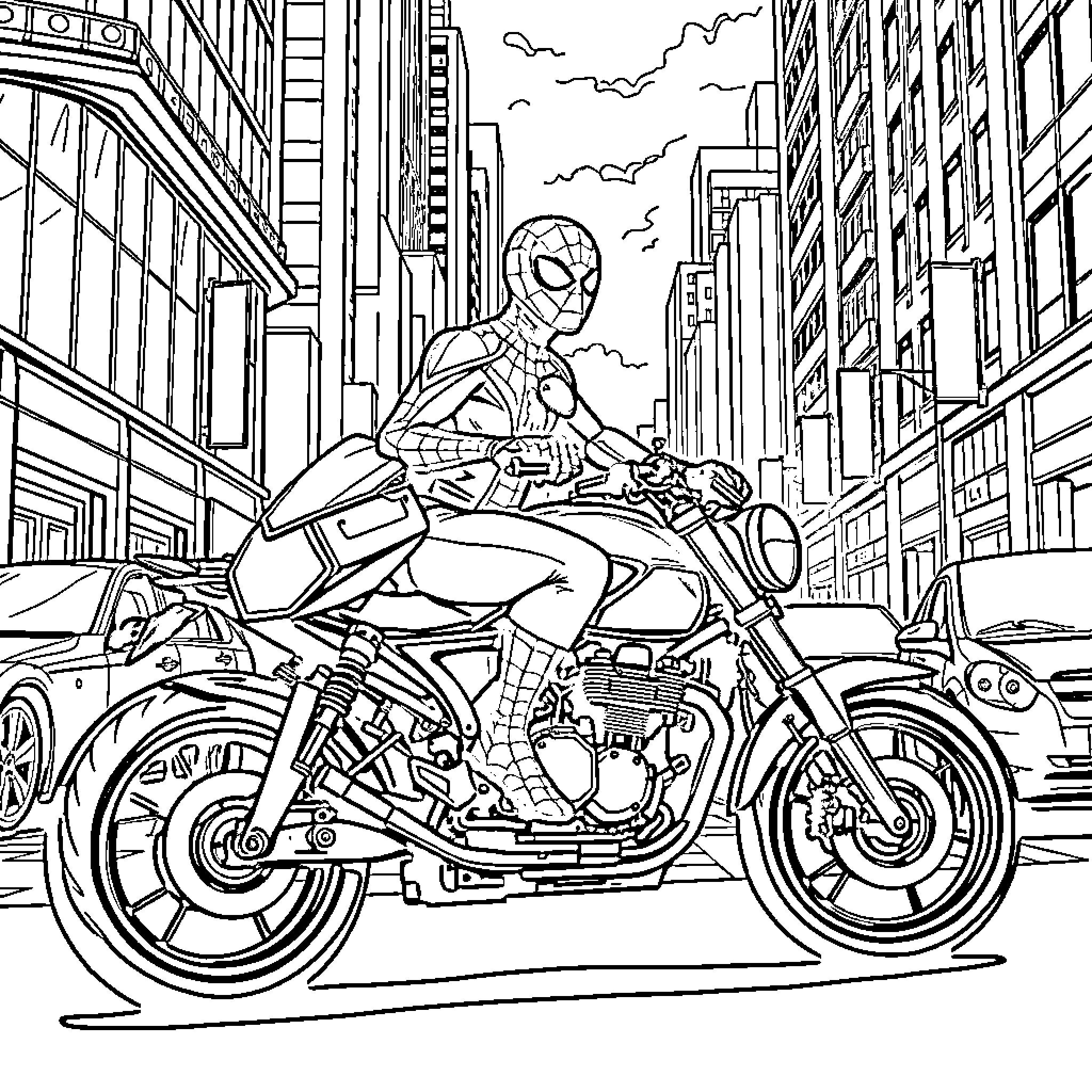 Spiderman riding a motorcycle through the city Coloring Page (free black-and-white line drawing printable PDF for all, from beginners to advanced learners, including children, teens, adults, and seniors)