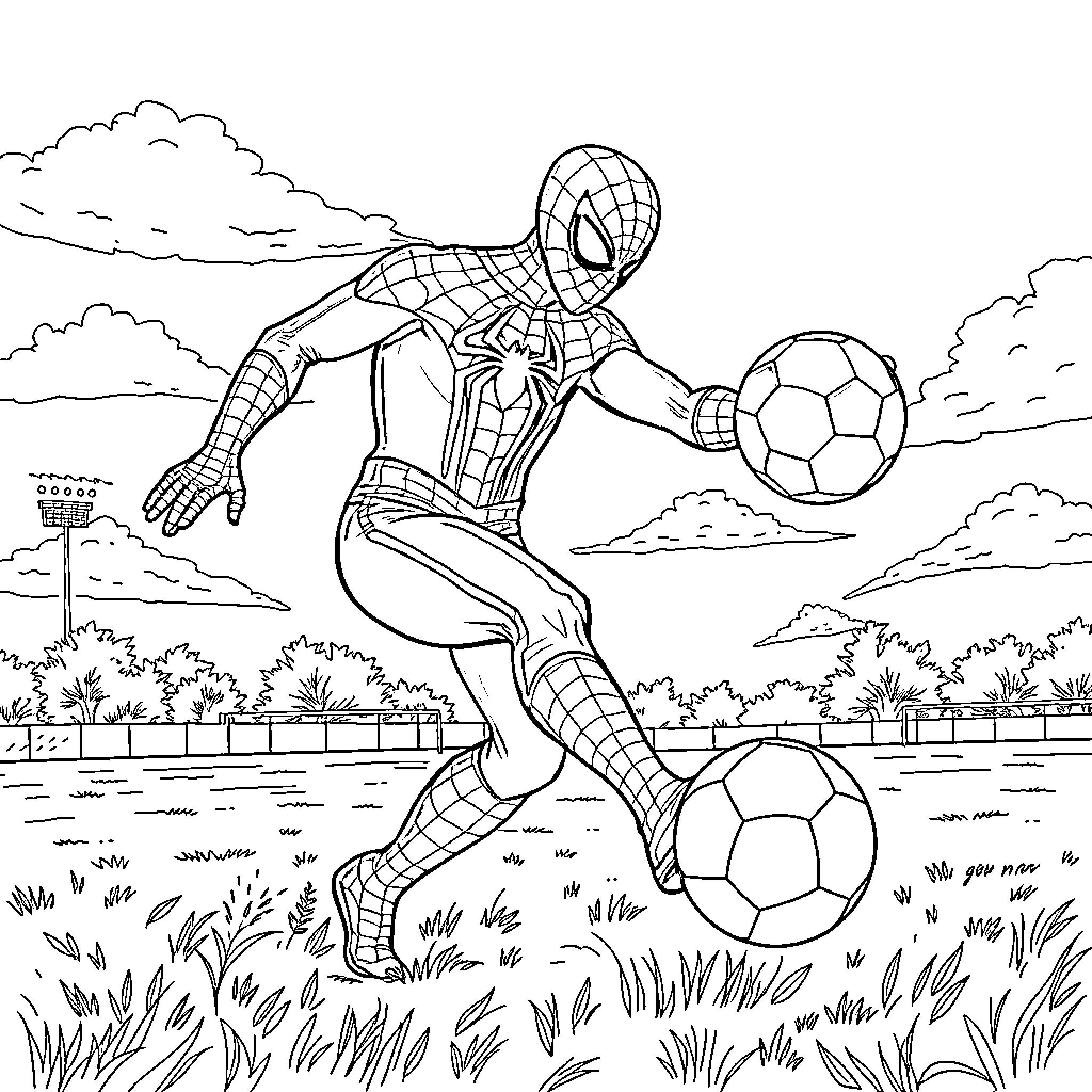 Spiderman playing soccer in the park Coloring Page (free black-and-white line drawing printable PDF for all, from beginners to advanced learners, including children, teens, adults, and seniors)