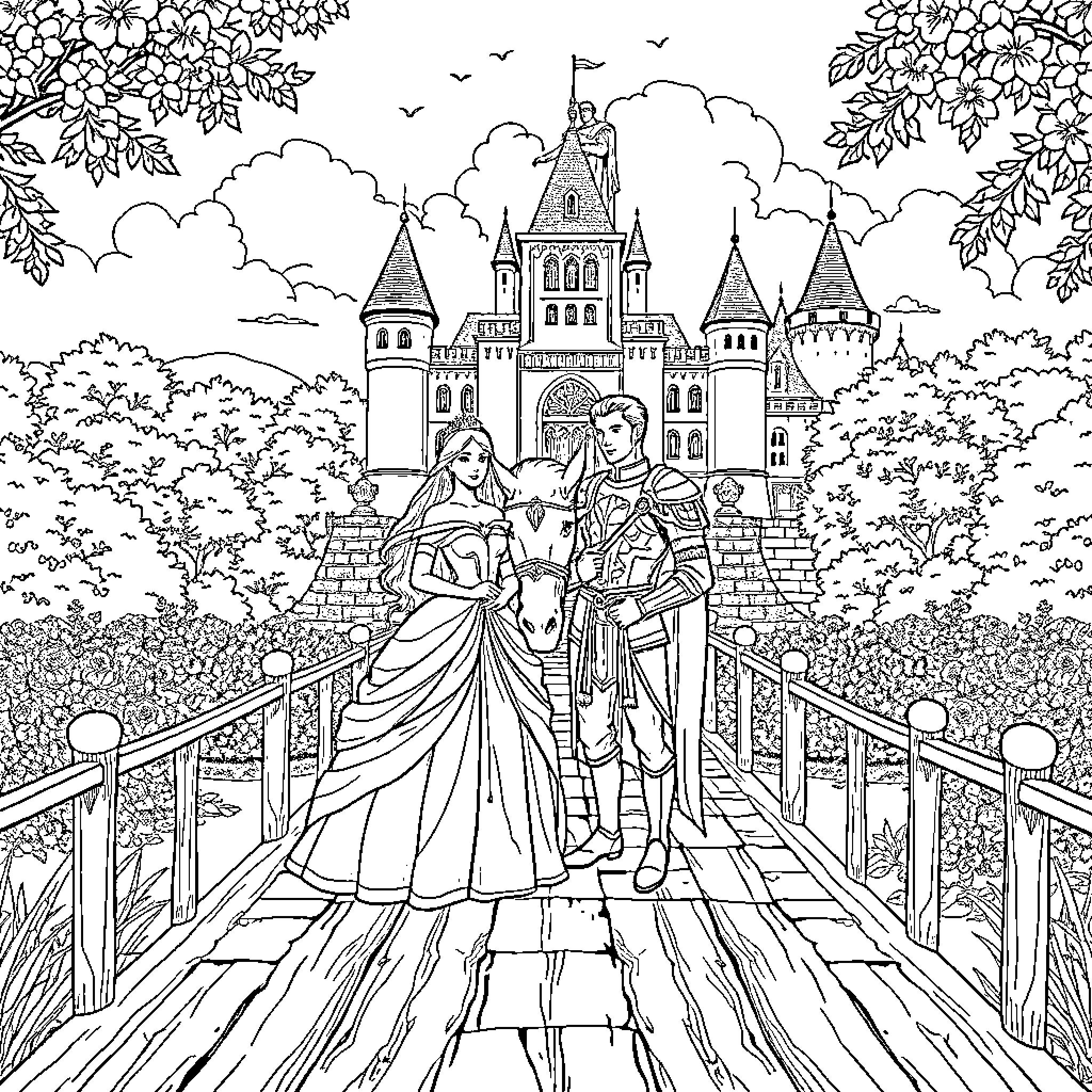 Prince and Princess in Front of a Majestic Castle Coloring Page (free black-and-white line drawing printable PDF for all, from beginners to advanced learners, including children, teens, adults, and seniors)