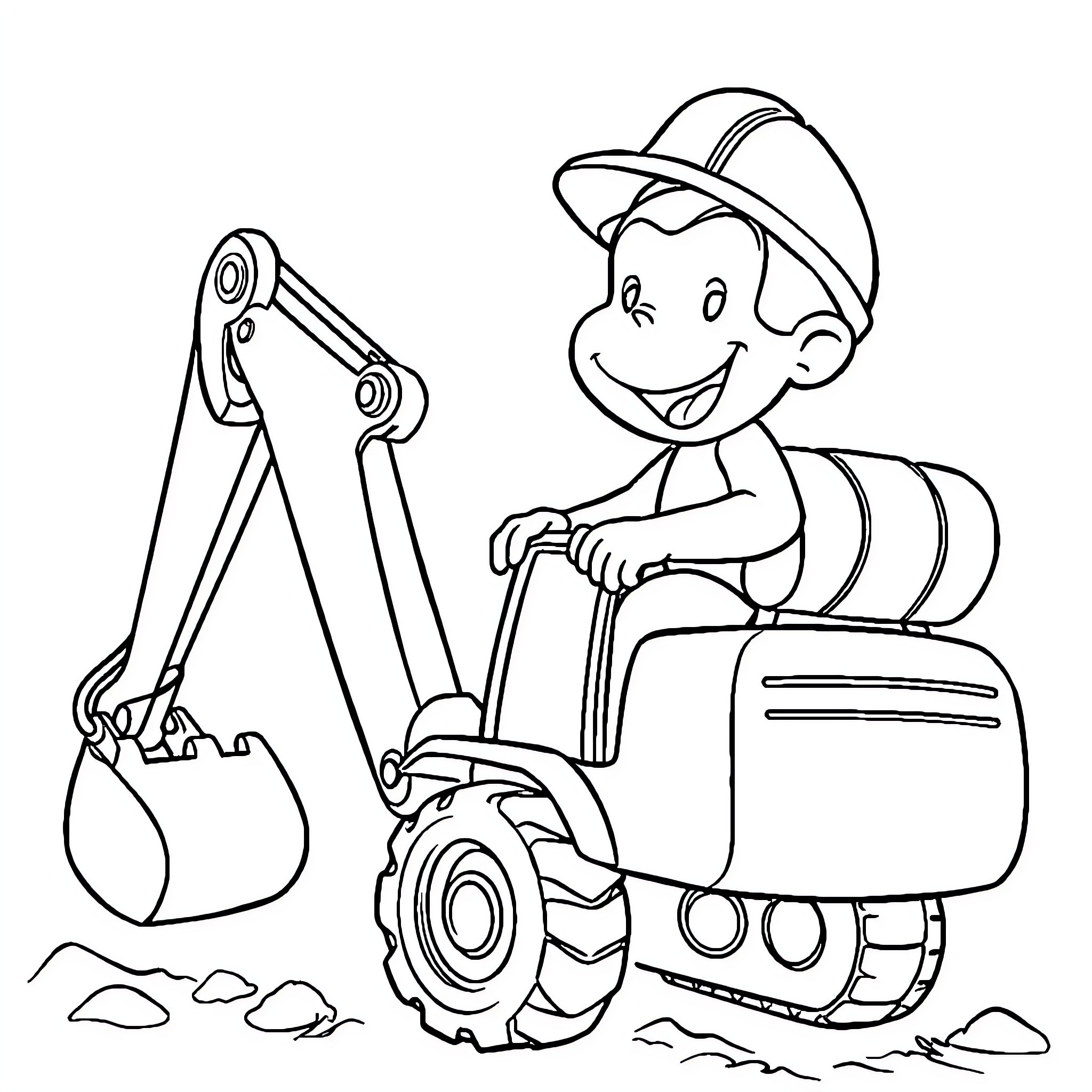 Curious George Operates a Backhoe Coloring Page (free black-and-white line drawing printable PDF for all, from beginners to advanced learners, including children, teens, adults, and seniors)