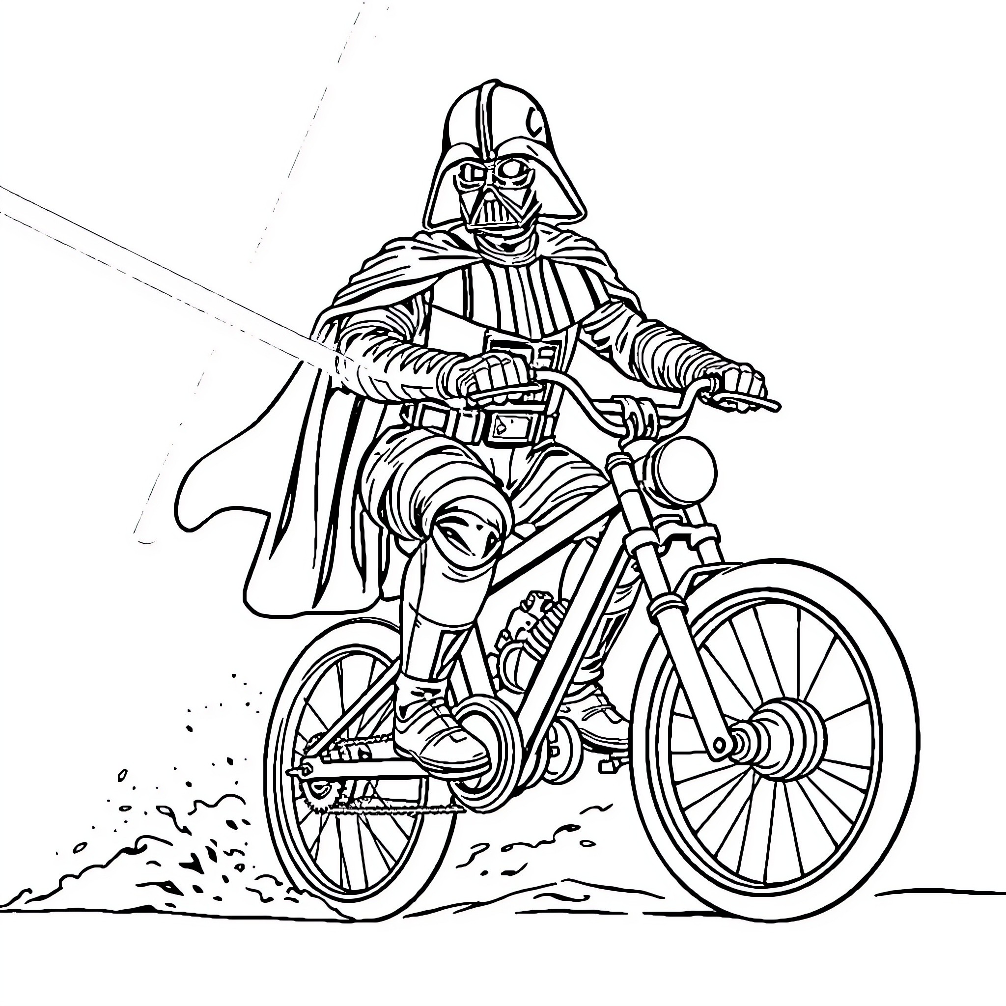 Darth Vader riding a bicycle in action Coloring Page (free black-and-white line drawing printable PDF for all, from beginners to advanced learners, including children, teens, adults, and seniors)