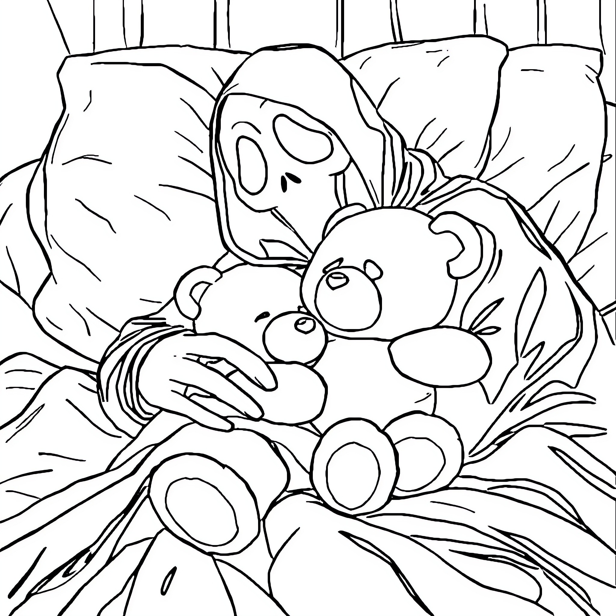 Ghostface Protecting Teddy Bear in Eerie Shadows Coloring Page (free black-and-white line drawing printable PDF for all, from beginners to advanced learners, including children, teens, adults, and seniors)
