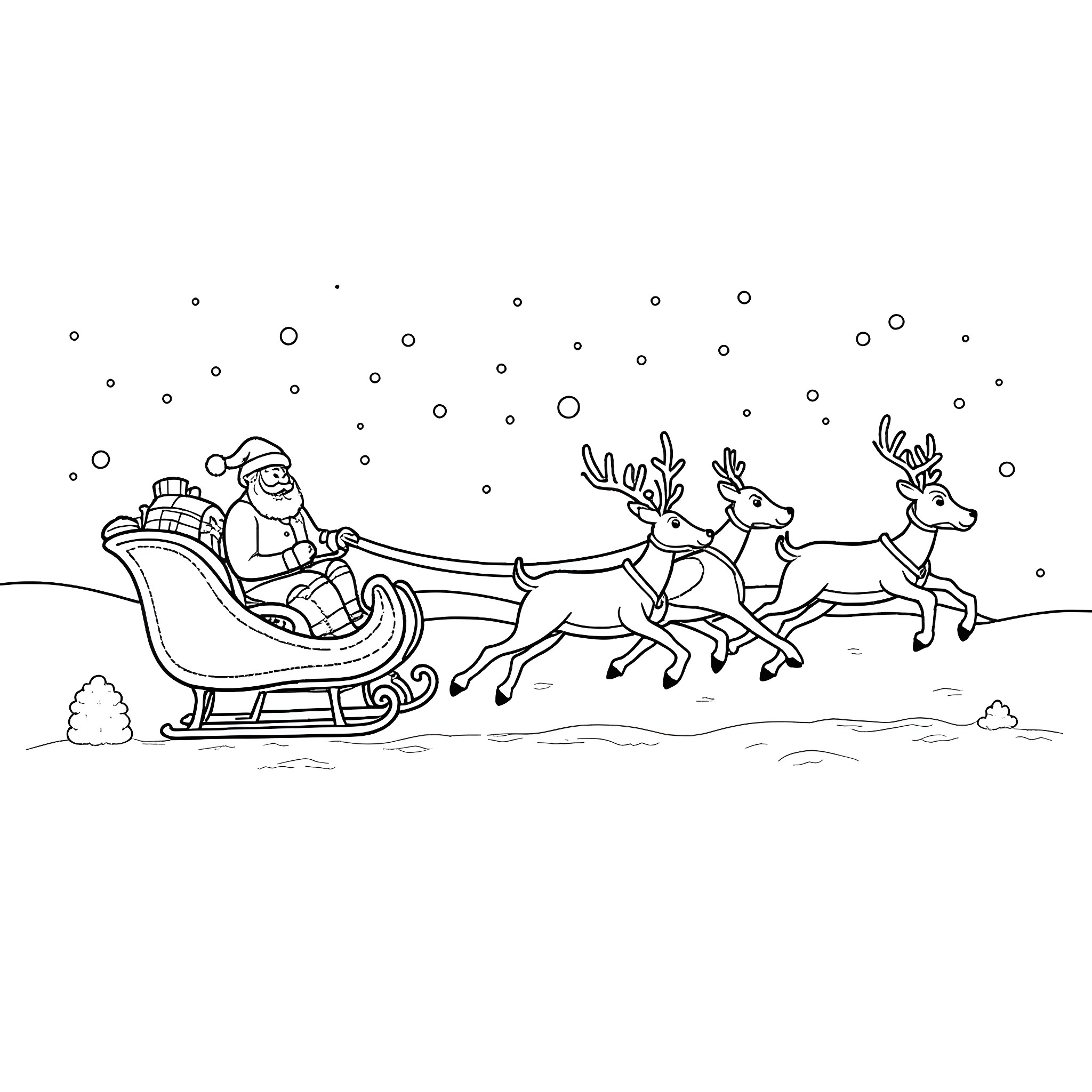 Santa Claus riding a sleigh with reindeer in the snow Coloring Page (free black-and-white line drawing printable PDF for all, from beginners to advanced learners, including children, teens, adults, and seniors)