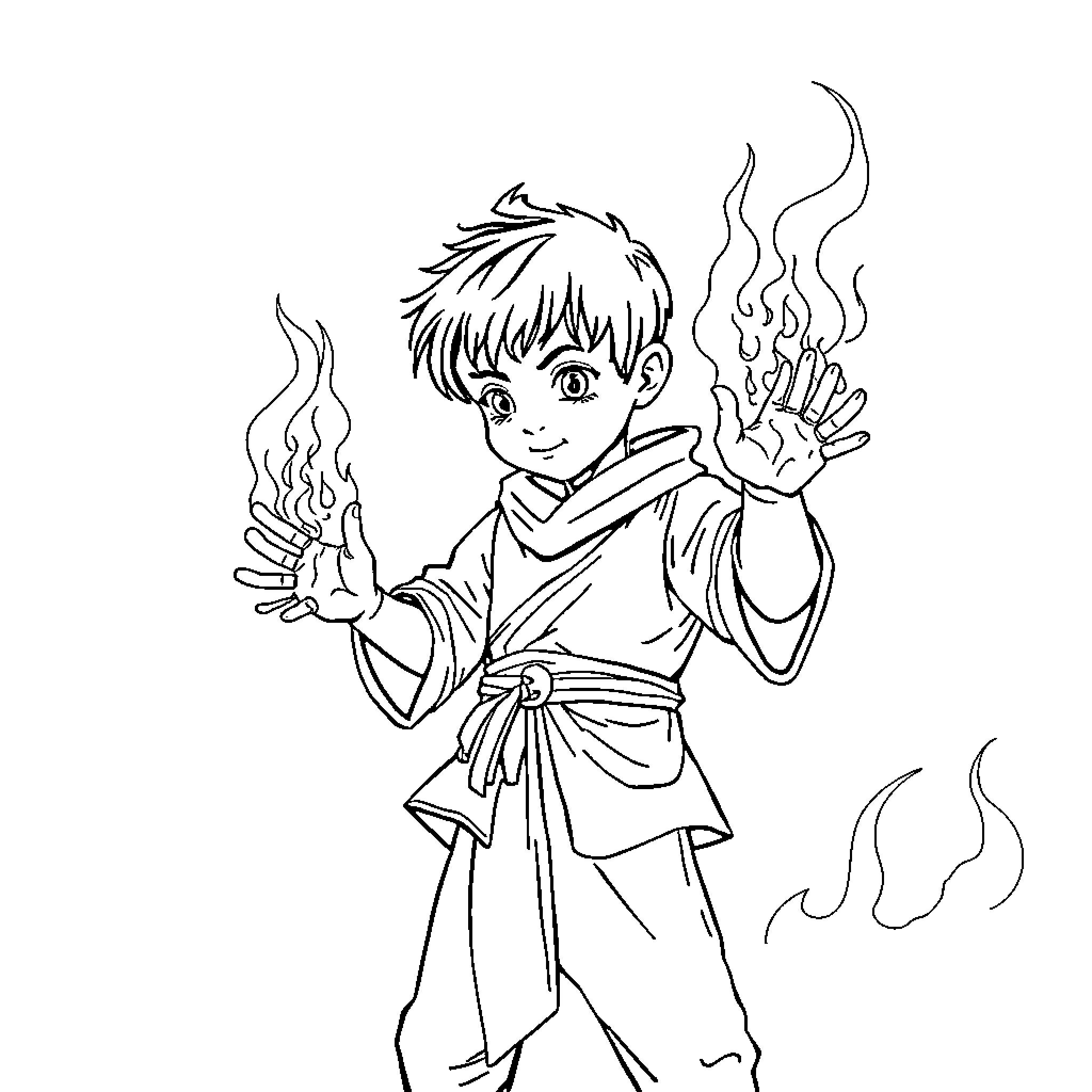 Fire Mage casting powerful spell with flames Coloring Page (free black-and-white line drawing printable PDF for all, from beginners to advanced learners, including children, teens, adults, and seniors)