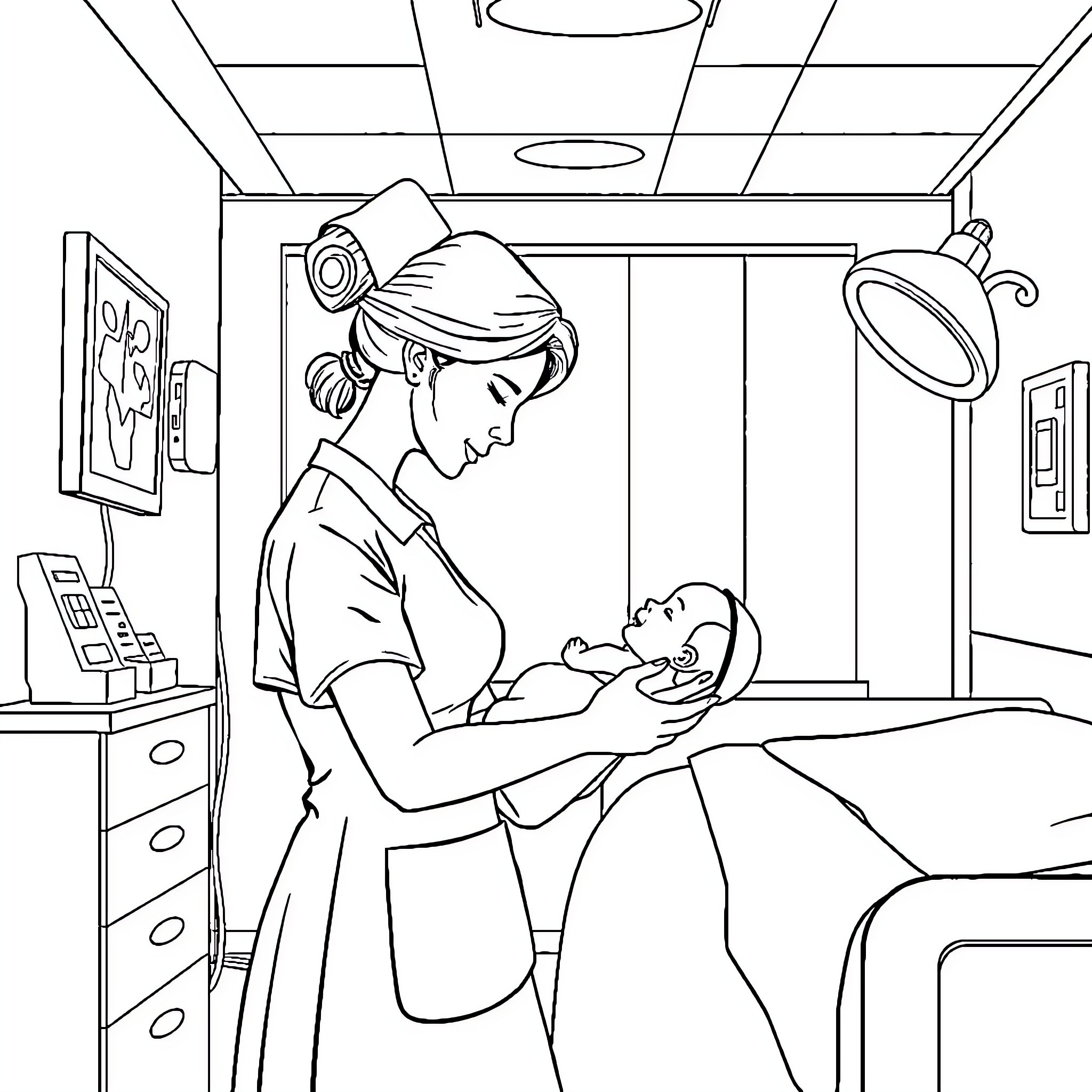 Nurse tending to patient in hospital room Coloring Page (free black-and-white line drawing printable PDF for all, from beginners to advanced learners, including children, teens, adults, and seniors)