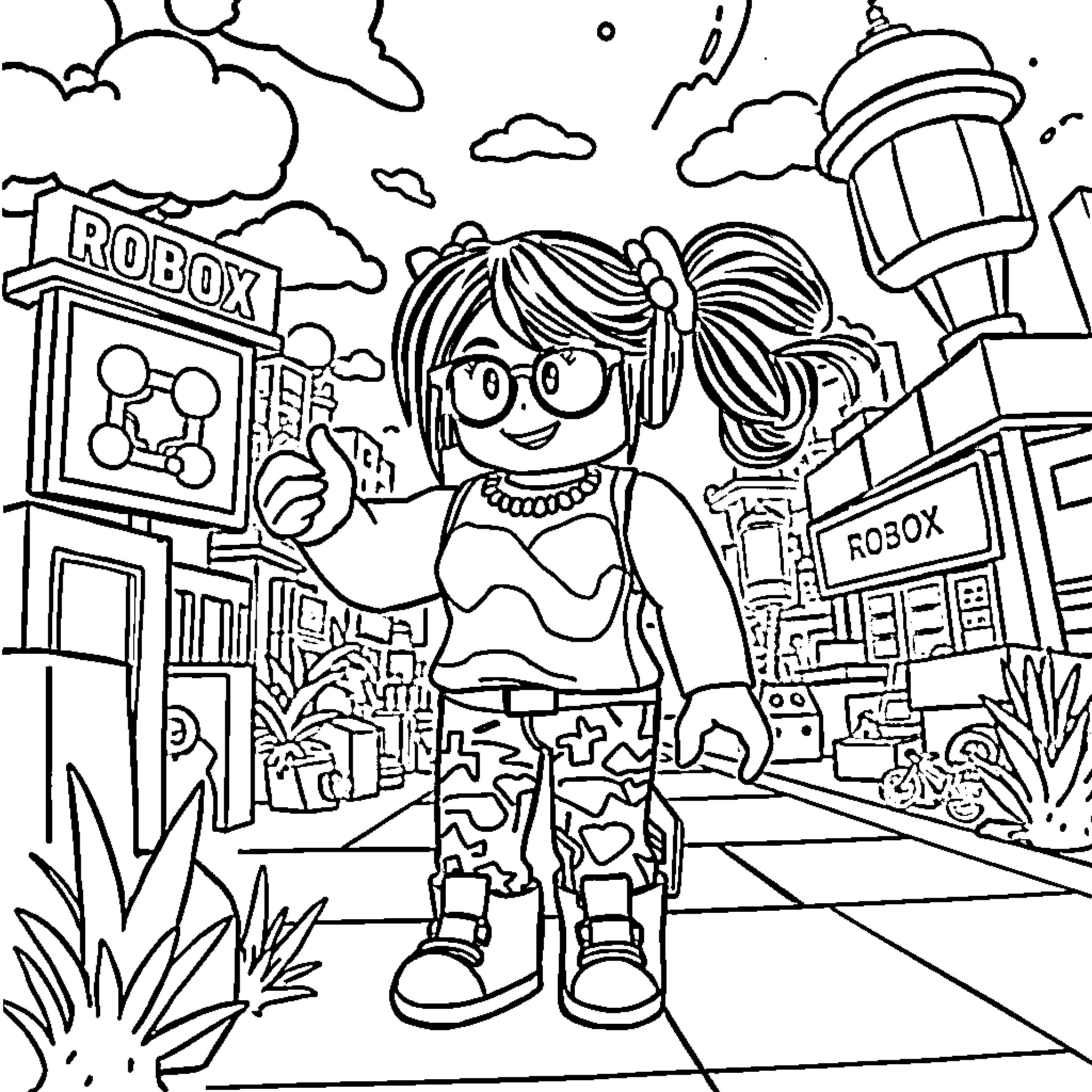 Roblox Girl Exploring a Vibrant Virtual World Coloring Page (free black-and-white line drawing printable PDF for all, from beginners to advanced learners, including children, teens, adults, and seniors)