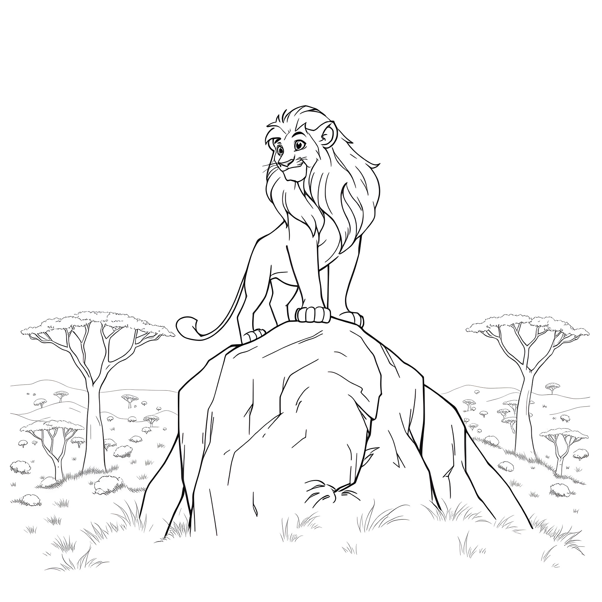 Simba standing proudly on a rocky outcrop Coloring Page (free black-and-white line drawing printable PDF for all, from beginners to advanced learners, including children, teens, adults, and seniors)