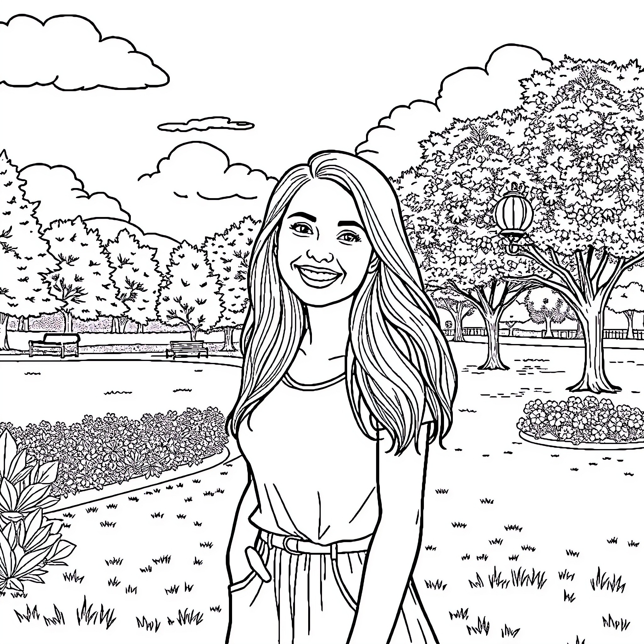 Amanda enjoys a sunny day in the park Coloring Page (free black-and-white line drawing printable PDF for all, from beginners to advanced learners, including children, teens, adults, and seniors)