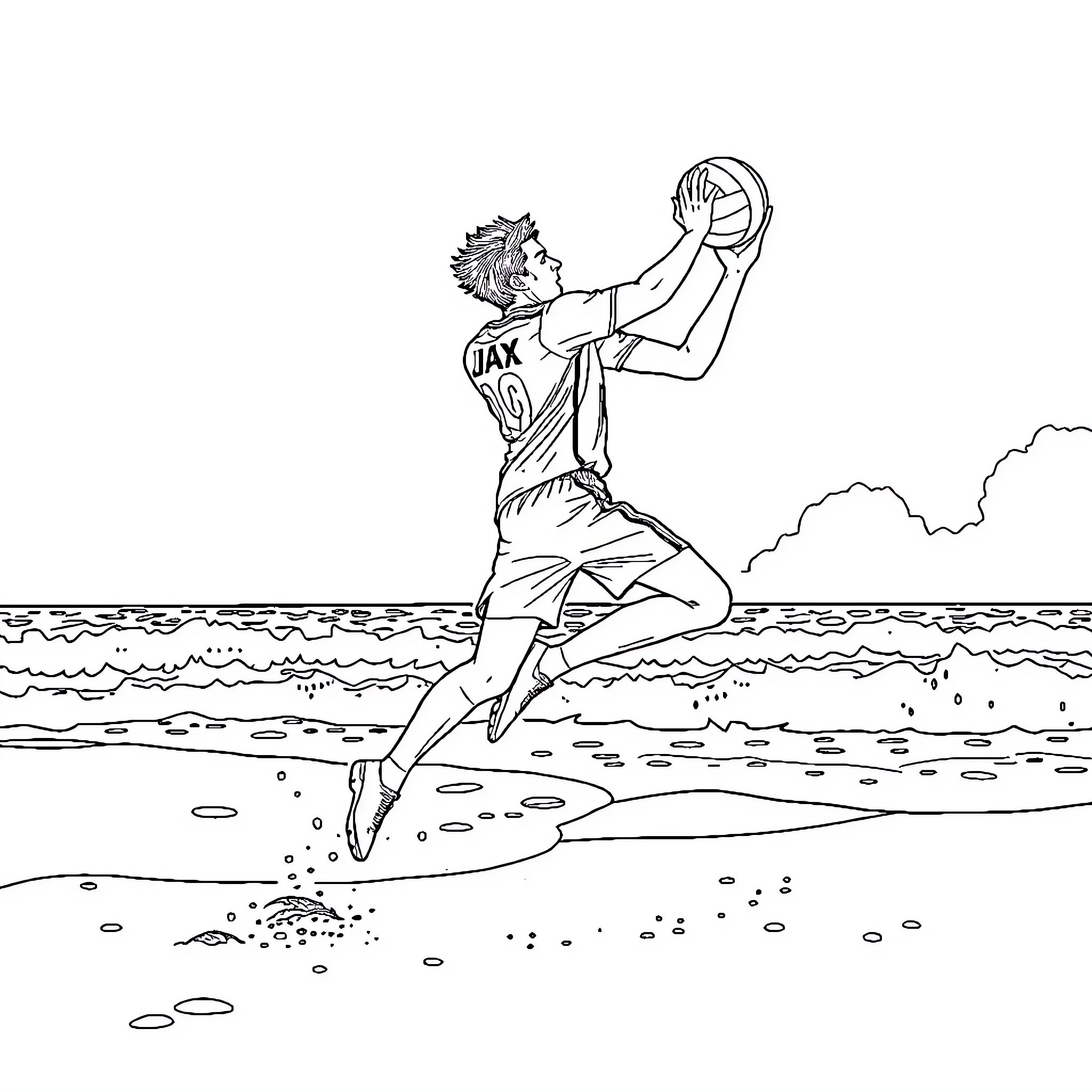 Player leaping to spike volleyball on the beach Coloring Page (free black-and-white line drawing printable PDF for all, from beginners to advanced learners, including children, teens, adults, and seniors)