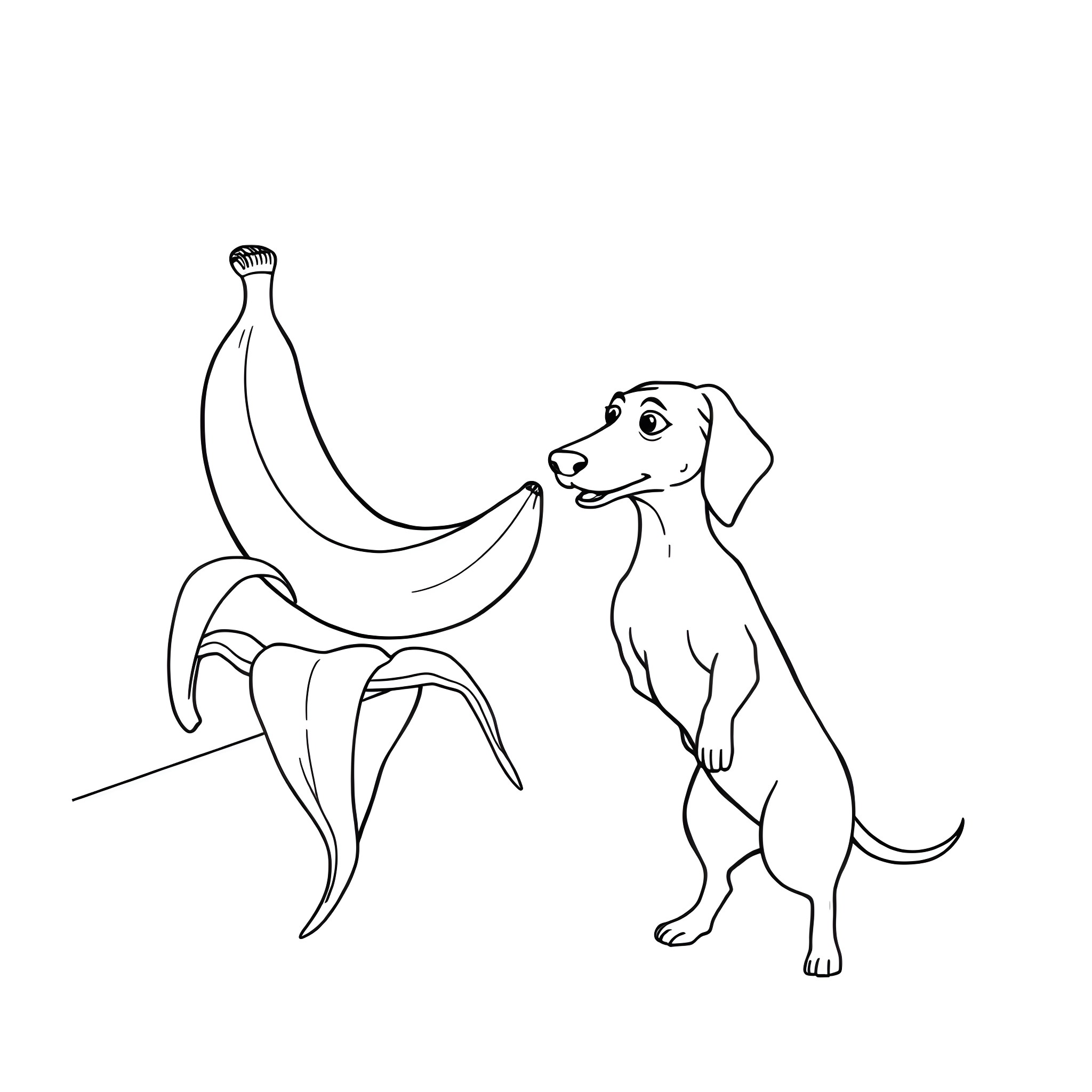 Banana Peeling Enjoyed by Playful Puppy Coloring Page (free black-and-white line drawing printable PDF for all, from beginners to advanced learners, including children, teens, adults, and seniors)