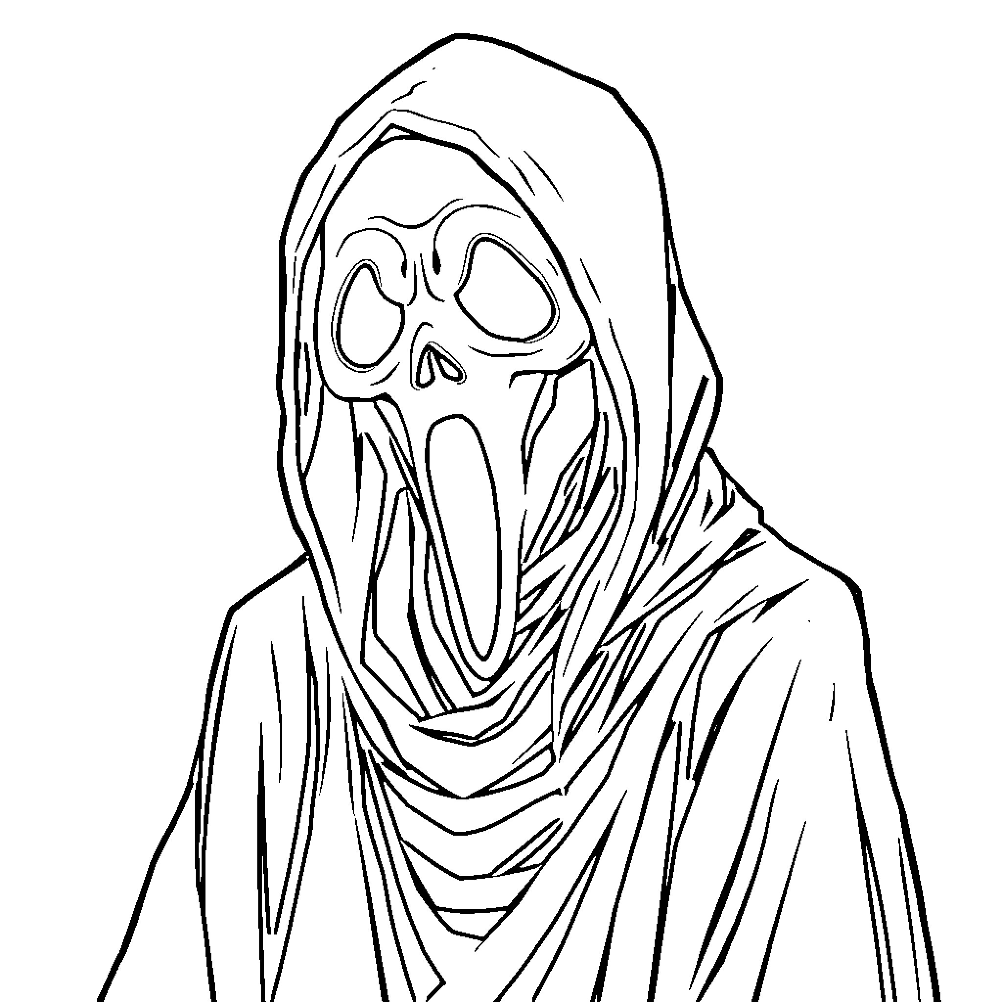 Ghostface in a Terrifying Hooded Robe Coloring Page (free black-and-white line drawing printable PDF for all, from beginners to advanced learners, including children, teens, adults, and seniors)