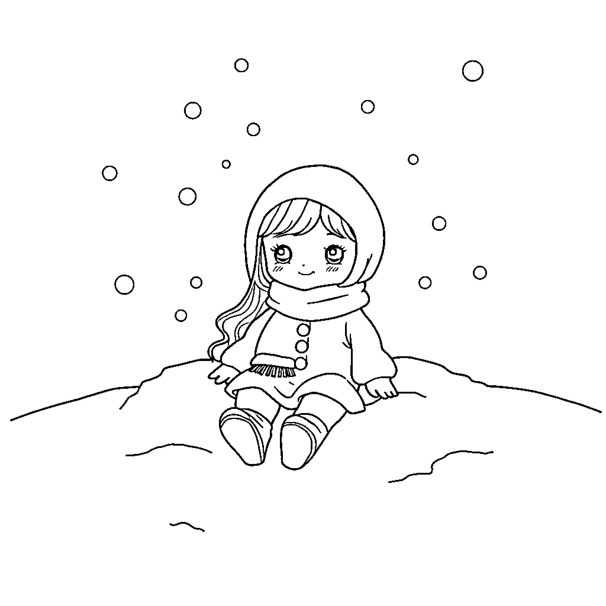 Doll playing in the snowy landscape Coloring Page (free black-and-white line drawing printable PDF for all, from beginners to advanced learners, including children, teens, adults, and seniors)