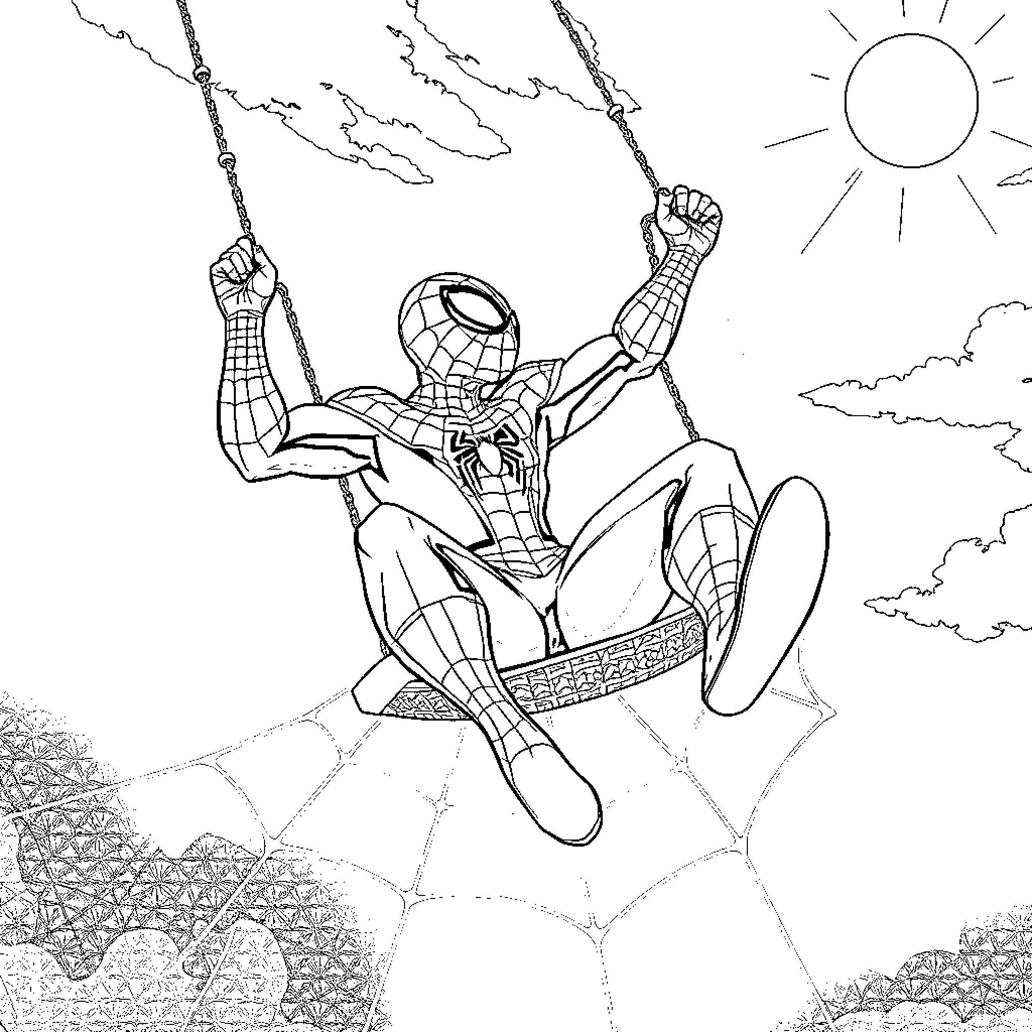 Spider-Man swinging through the city in action Coloring Page (free black-and-white line drawing printable PDF for all, from beginners to advanced learners, including children, teens, adults, and seniors)