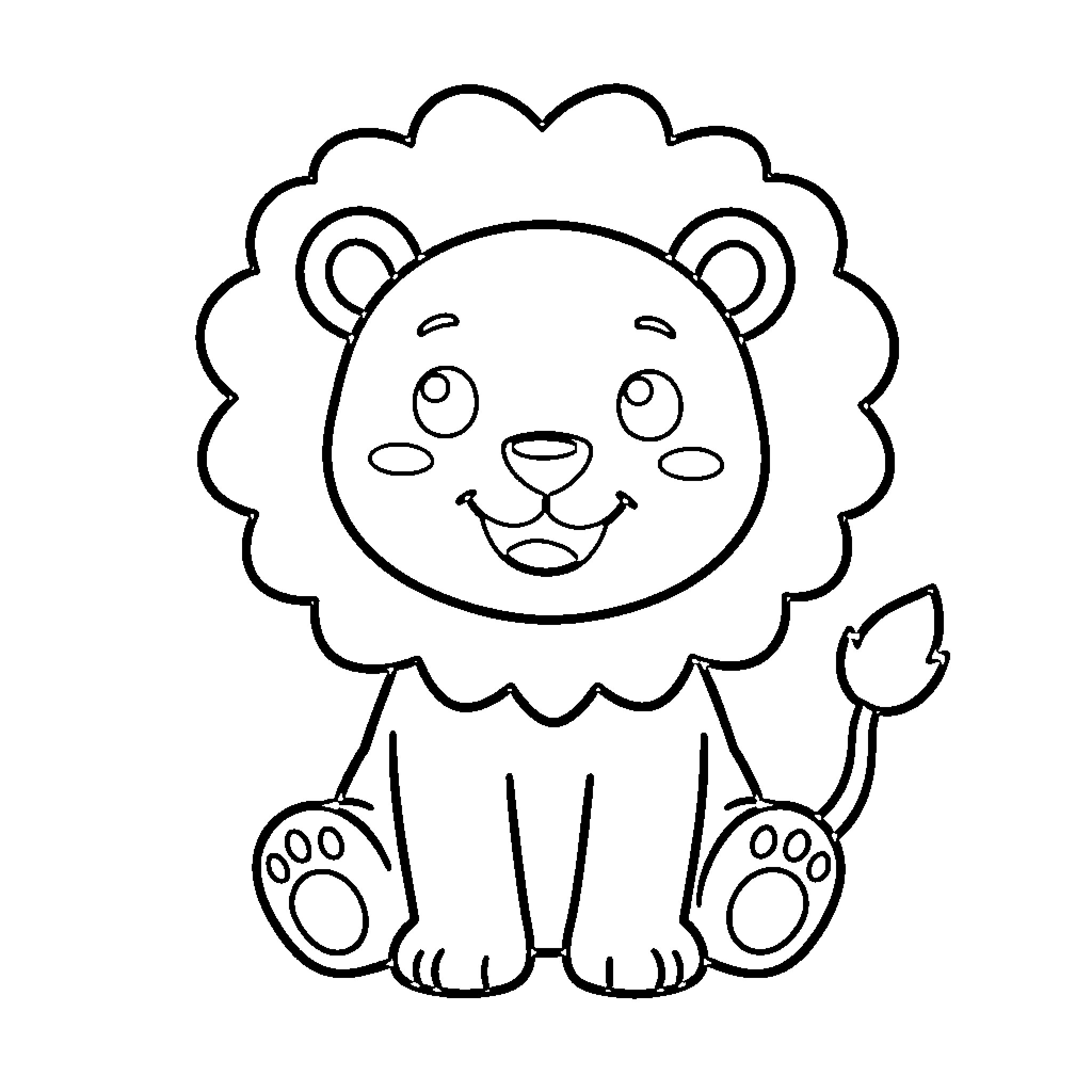 Lion Cartoon Character Smiling Happily Coloring Page (free black-and-white line drawing printable PDF for all, from beginners to advanced learners, including children, teens, adults, and seniors)