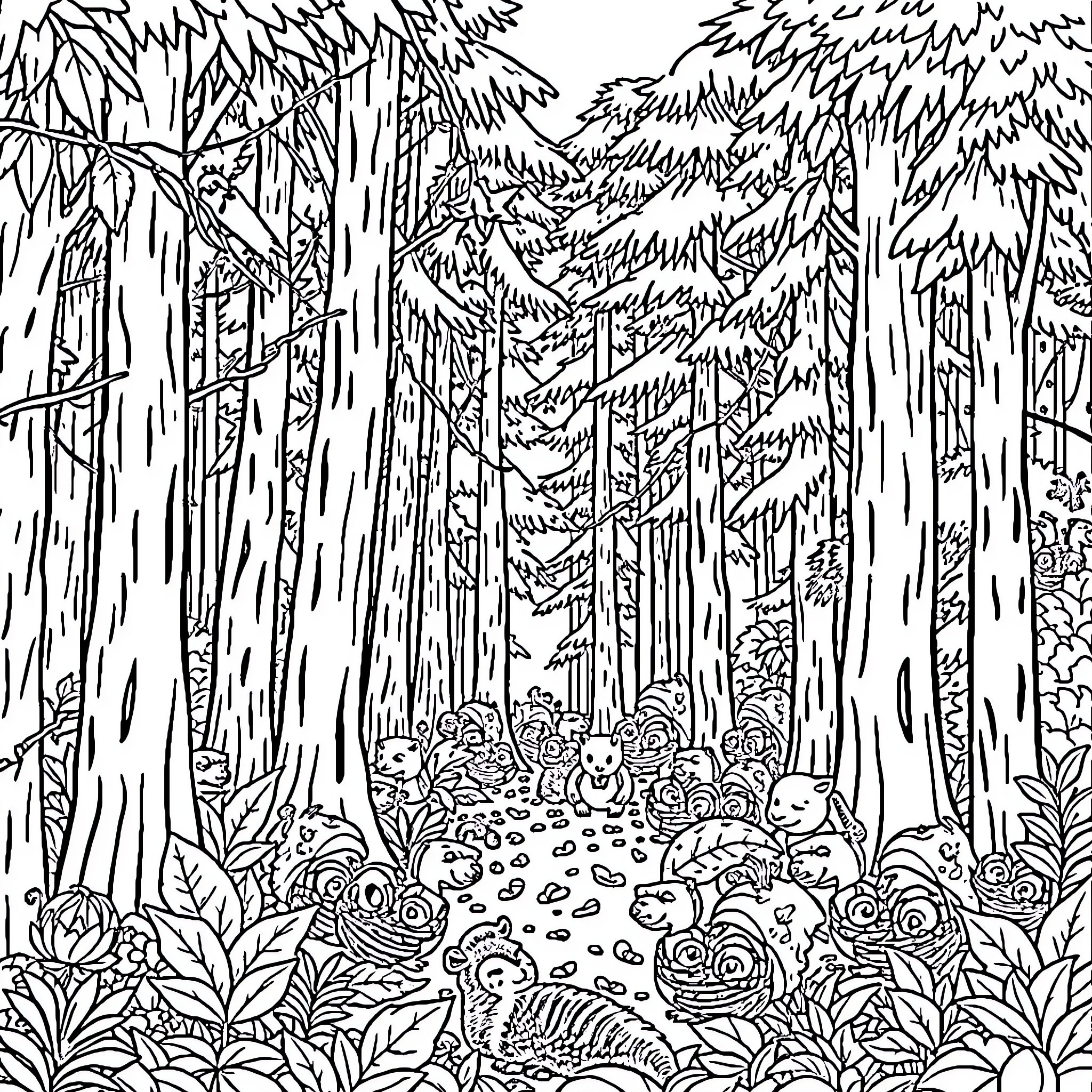 Forest scene with plants and animals Coloring Page (free black-and-white line drawing printable PDF for all, from beginners to advanced learners, including children, teens, adults, and seniors)