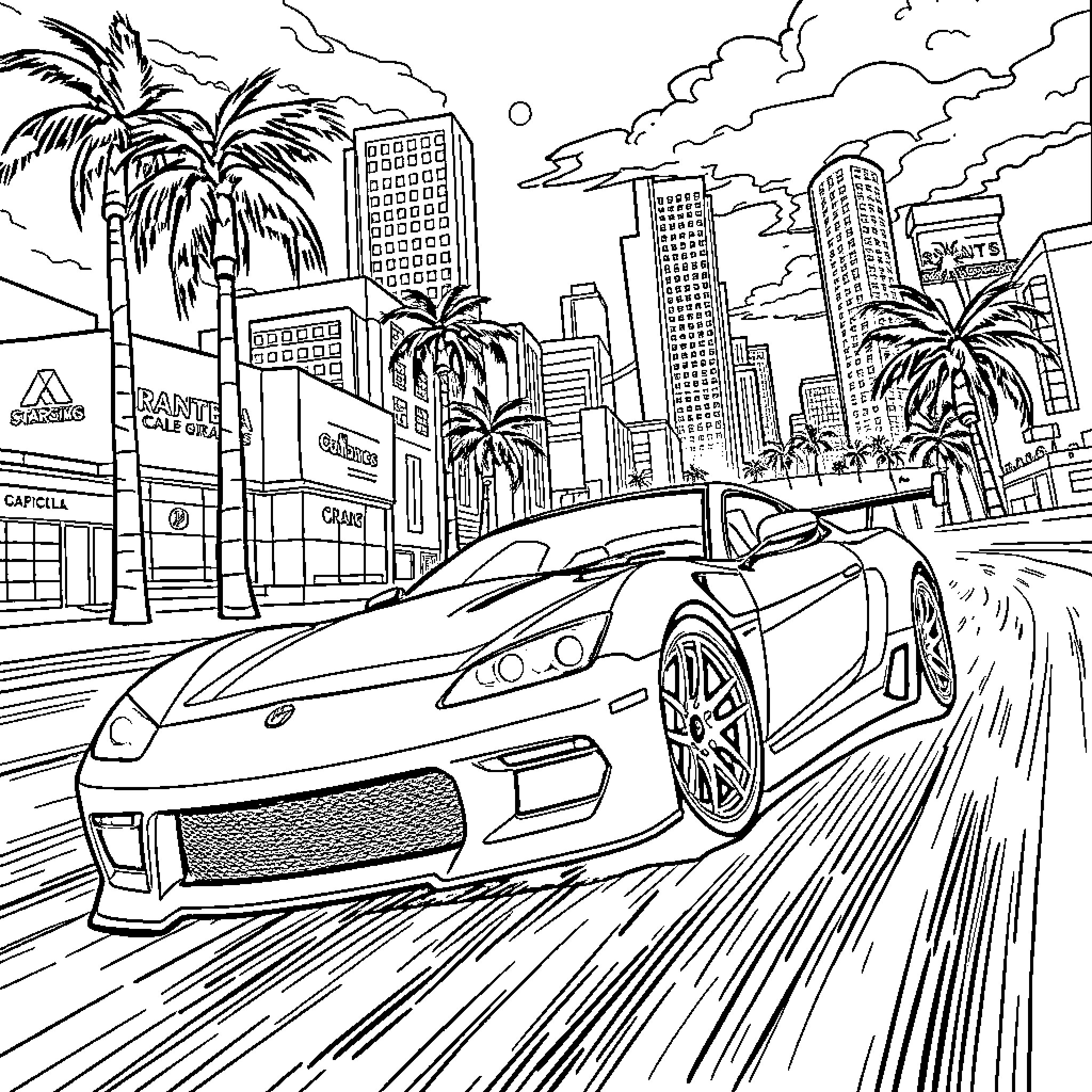 Grand Theft Auto: High-Speed City Chase Coloring Page (free black-and-white line drawing printable PDF for all, from beginners to advanced learners, including children, teens, adults, and seniors)