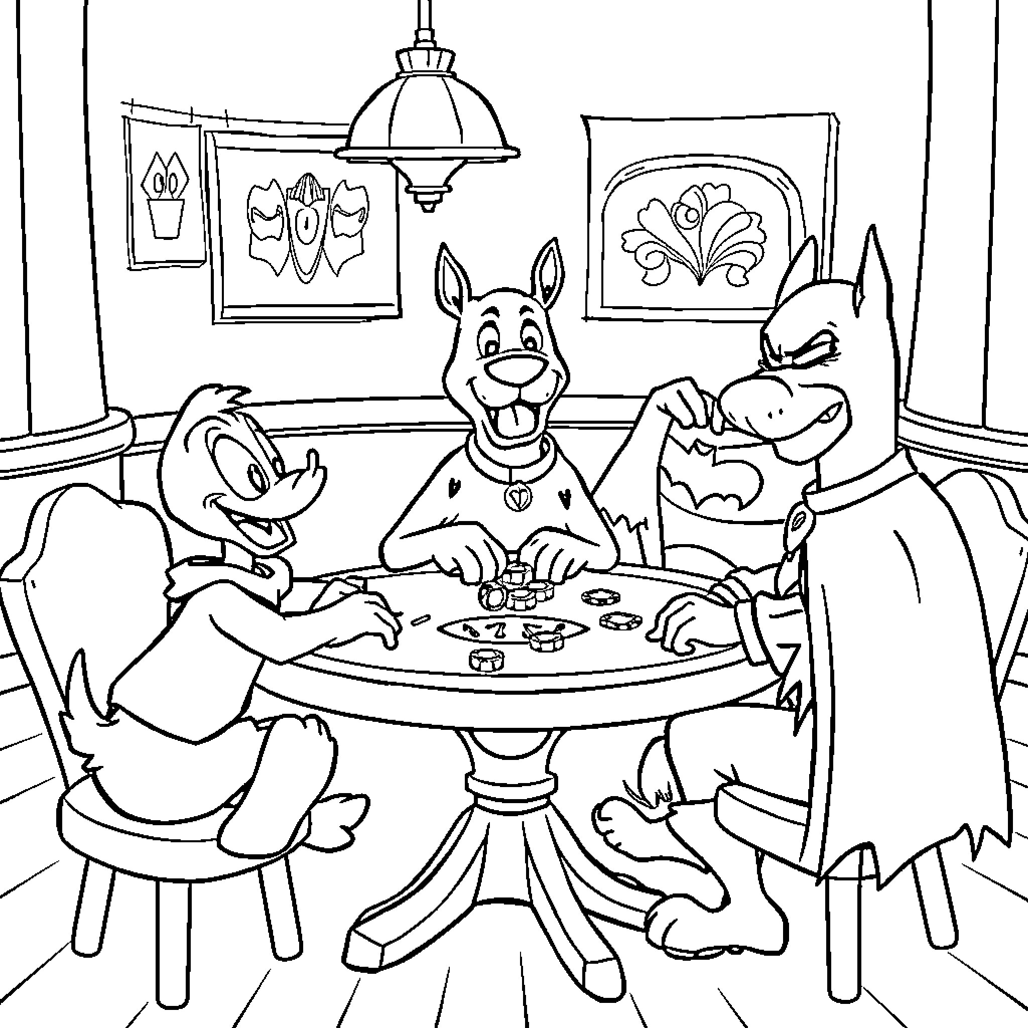 Donald Duck and Friends Enjoying a Lively Game Night Coloring Page (free black-and-white line drawing printable PDF for all, from beginners to advanced learners, including children, teens, adults, and seniors)