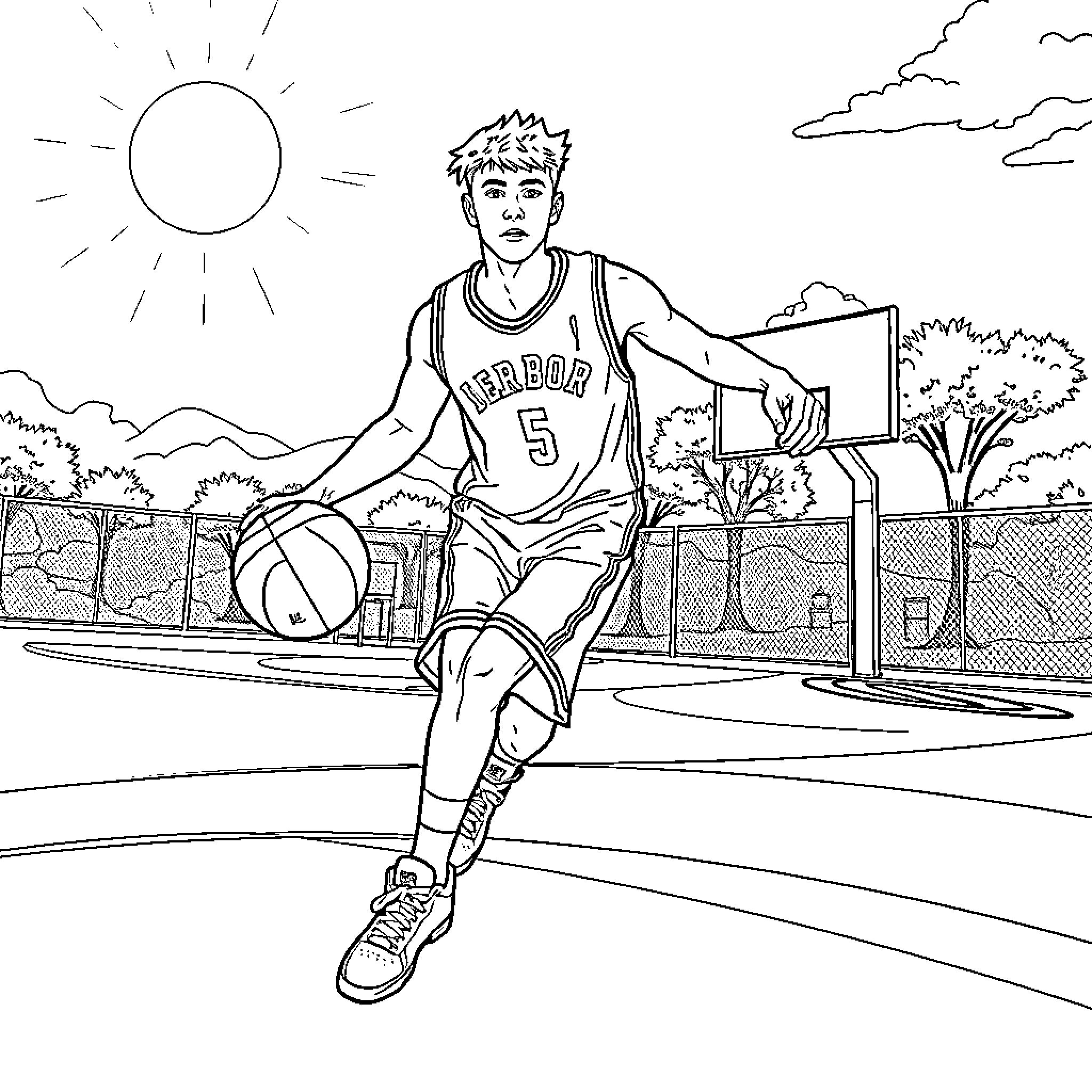 Justin Bieber playing basketball on a sunny day Coloring Page (free black-and-white line drawing printable PDF for all, from beginners to advanced learners, including children, teens, adults, and seniors)