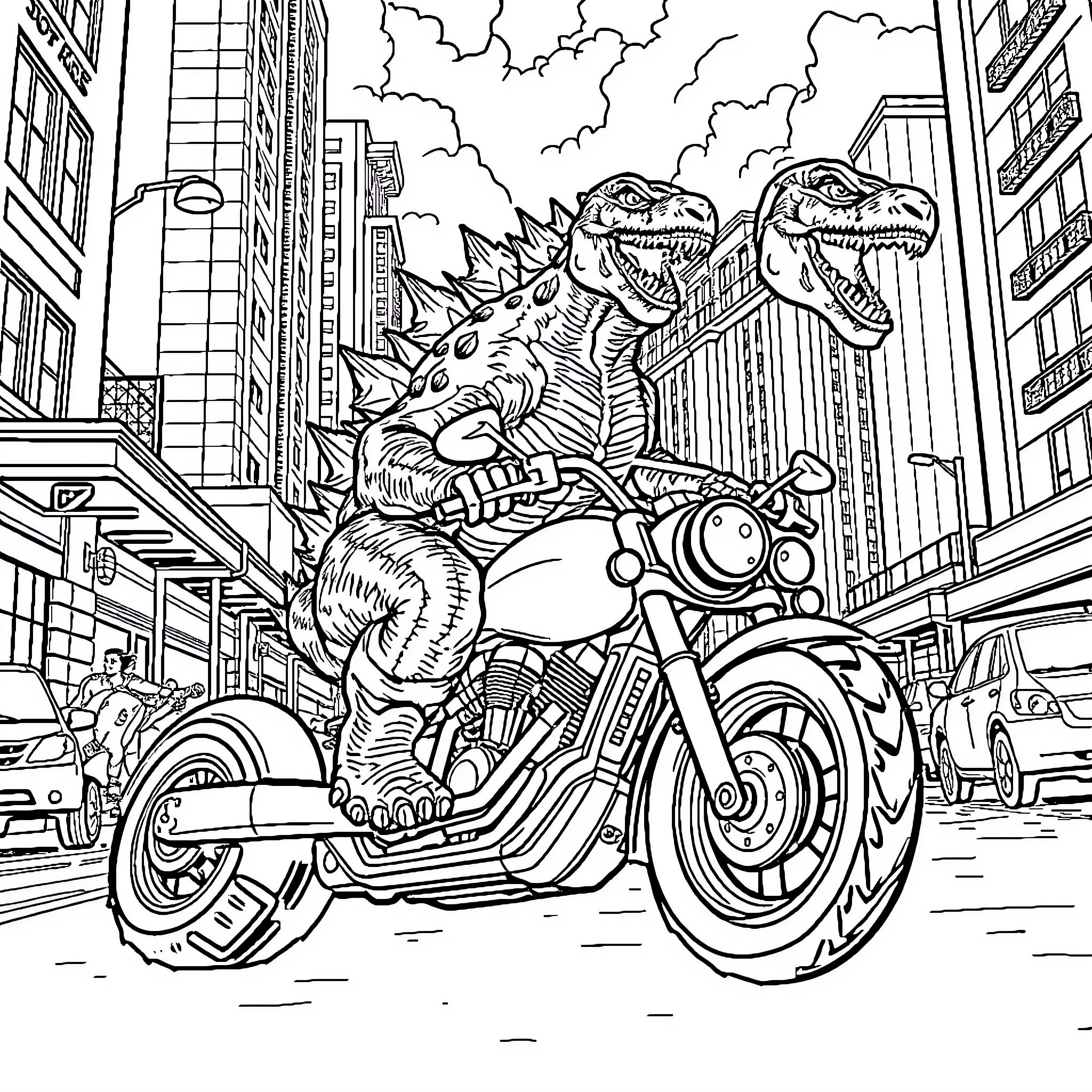 Godzilla terrorizes the city on a motorcycle Coloring Page (free black-and-white line drawing printable PDF for all, from beginners to advanced learners, including children, teens, adults, and seniors)