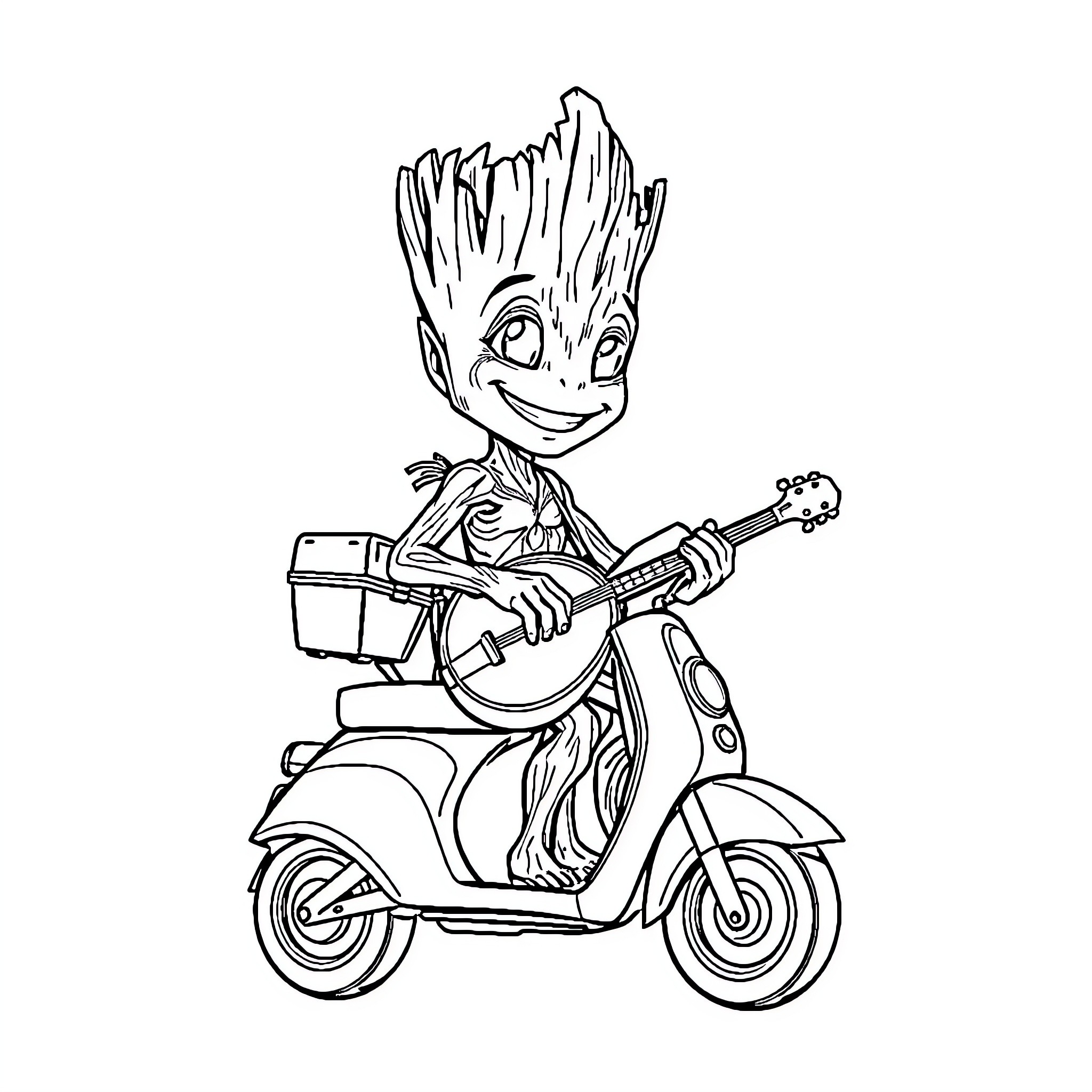 Groot playing guitar on a scooter Coloring Page (free black-and-white line drawing printable PDF for all, from beginners to advanced learners, including children, teens, adults, and seniors)